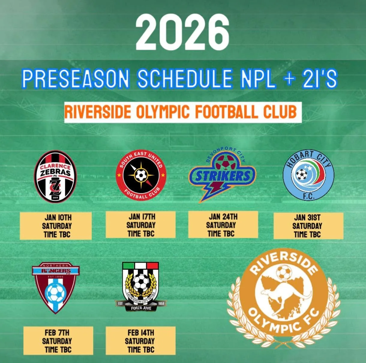🟠🔵 2026 PRESEASON SCHEDULE ANNOUNCED! 🔵🟠

The countdown to the new season is ON! 🔥

Riverside Olympic FC is excited to reveal our 2026 NPL + 21's preseason fixture list as we prepare to hit the ground running.

📅 FIXTURE LIST:

⚽ Jan 10th (Sat)