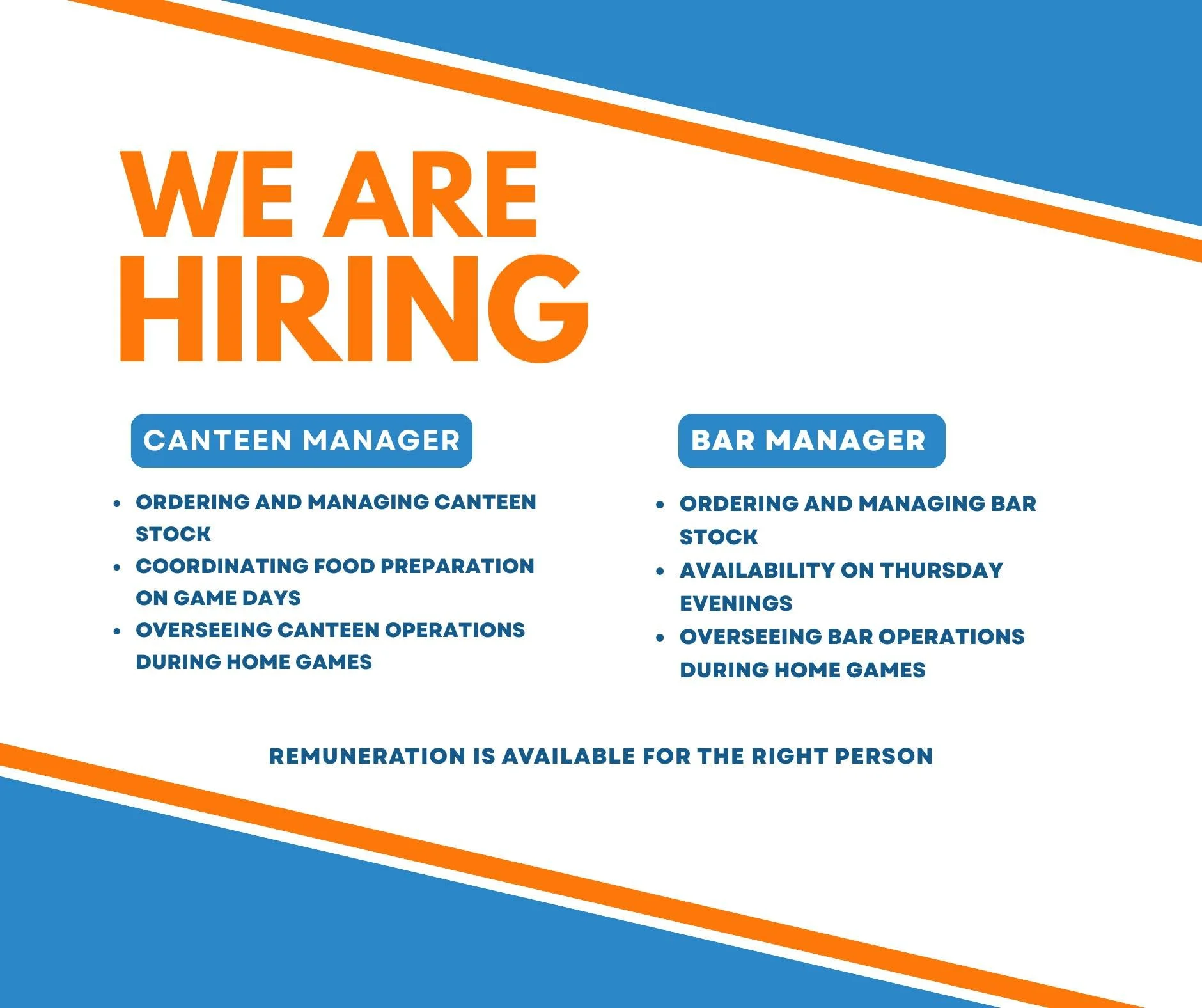 🔵🟠 We&rsquo;re Hiring &ndash; Canteen &amp; Bar Managers 🟠🔵

Riverside Olympic Football Club is seeking reliable and motivated individuals to take on the roles of Canteen Manager and Bar Manager for the upcoming season.

💰 Remuneration available