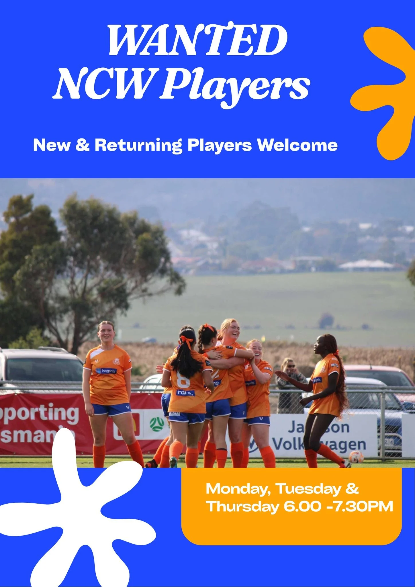 WANTED: NCW Players &ndash; New &amp; Returning Welcome
Riverside Olympic Football Club

We&rsquo;re calling on former players and new players keen to play football in a supportive and inclusive environment.

Training Times
Northern Championship Wome
