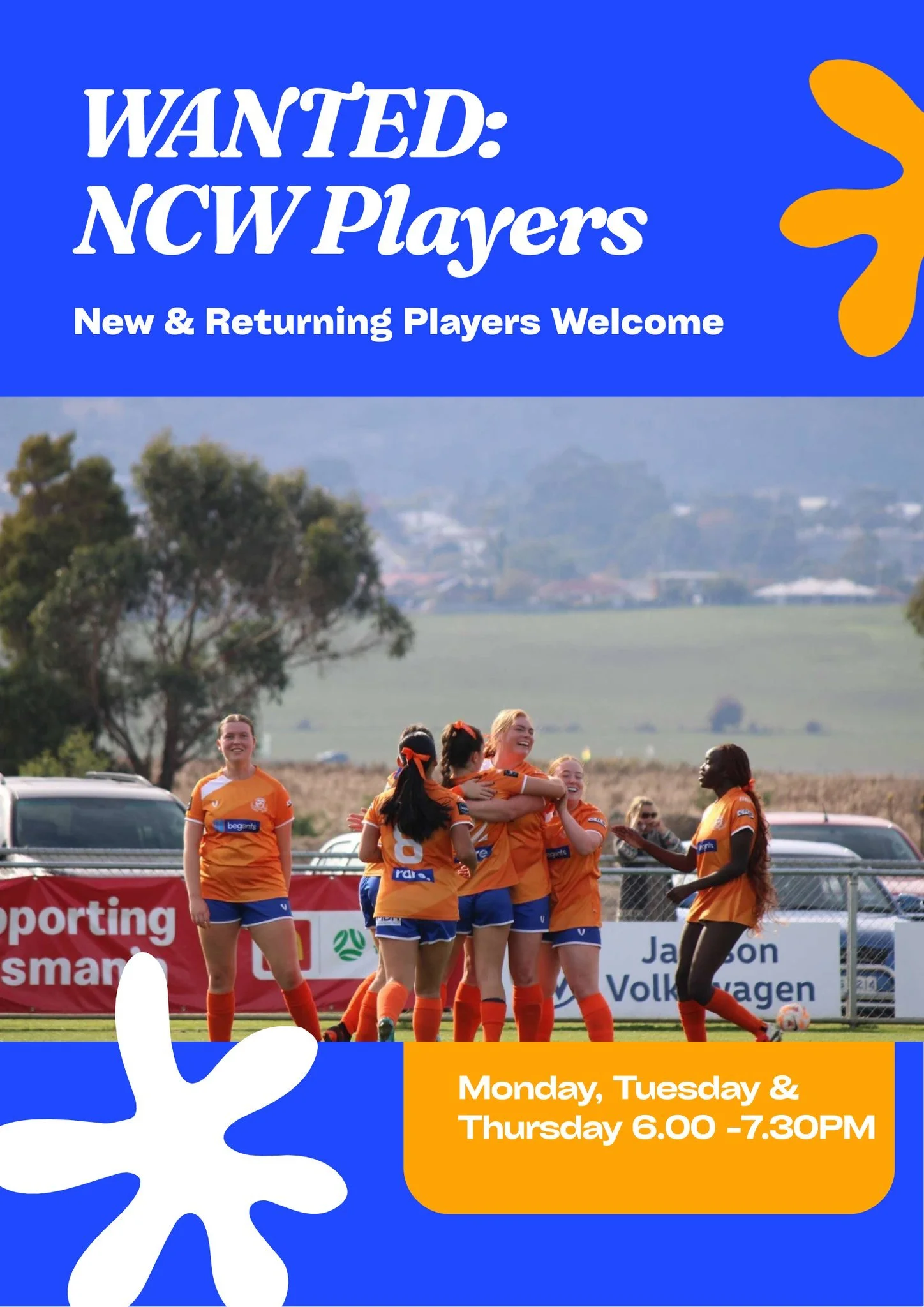 WANTED: NCW Players &ndash; New &amp; Returning Welcome
Riverside Olympic Football Club
We&rsquo;re calling on former players and new players keen to play football in a supportive and inclusive environment.
Training Times
Northern Championship Women 