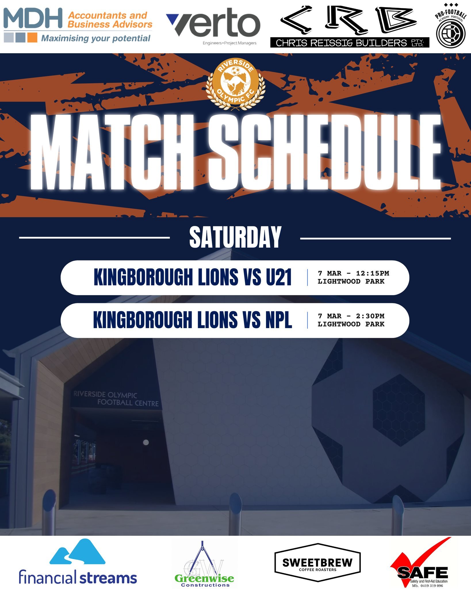 🟠🔵 Matchday Schedule🔵🟠

It all kicks off this Saturday as we start our 2026 NPL season against Kingborough Lions at Lightwood Park!

U21s 🆚 Kingborough Lions
🕛 12:15PM Kick-Off

NPL 🆚 Kingborough Lions
🕝 2:30PM Kick-Off

NPL game live streame