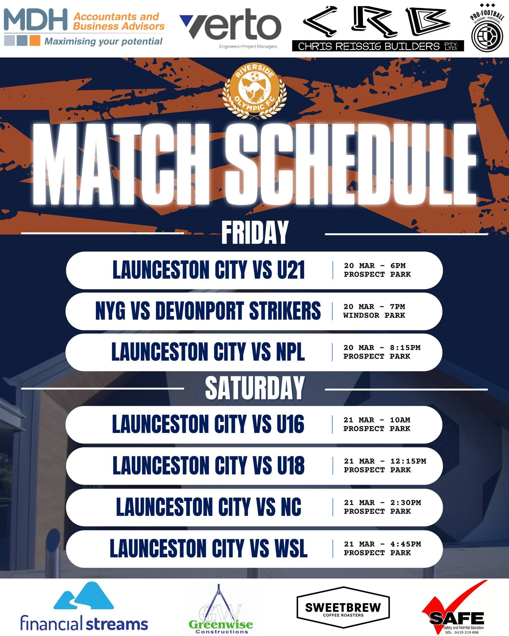 🟠🔵 Derby Weekend 🔵🟠

This week our senior teams will travel across town to take on local rivals Launceston City, in what promises to be a competitive and entertaining set of fixtures.

Our Northern Youth Girls are the only team playing at home th