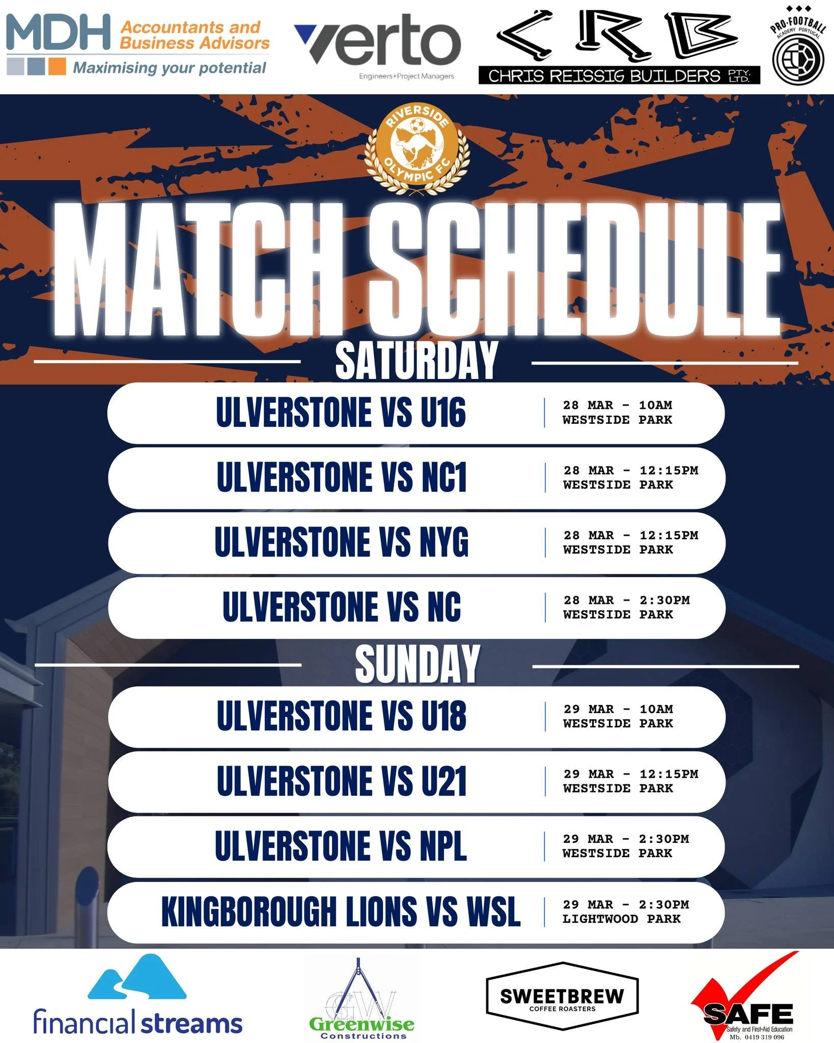 🟠🔵 Weekend Fixtures🔵🟠

This week our teams travel away to opposite ends of the state. Our Northern Championship and NPL teams travel up the North-West coast to face Ulverstone over both Saturday and Sunday while our WSL travel down south to face 