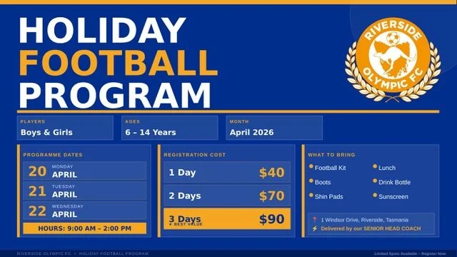 ROFC Holiday Football Program &mdash; April 2026

At Riverside Olympic FC, we believe football is more than a sport &mdash; it's where kids grow, laugh, compete, and discover what they're capable of.

This Easter school holidays, we're opening our do