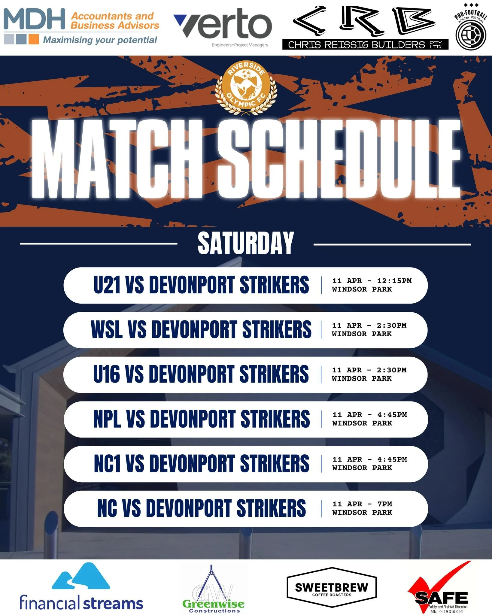 🟠🔵 Home Games This Saturday🔵🟠

This Saturday we have six massive fixtures at Windsor Park as we host the Devonport Strikers. Come down to Windsor Park and show your support for the Roos in what will be a big afternoon of football!

Go Roos!