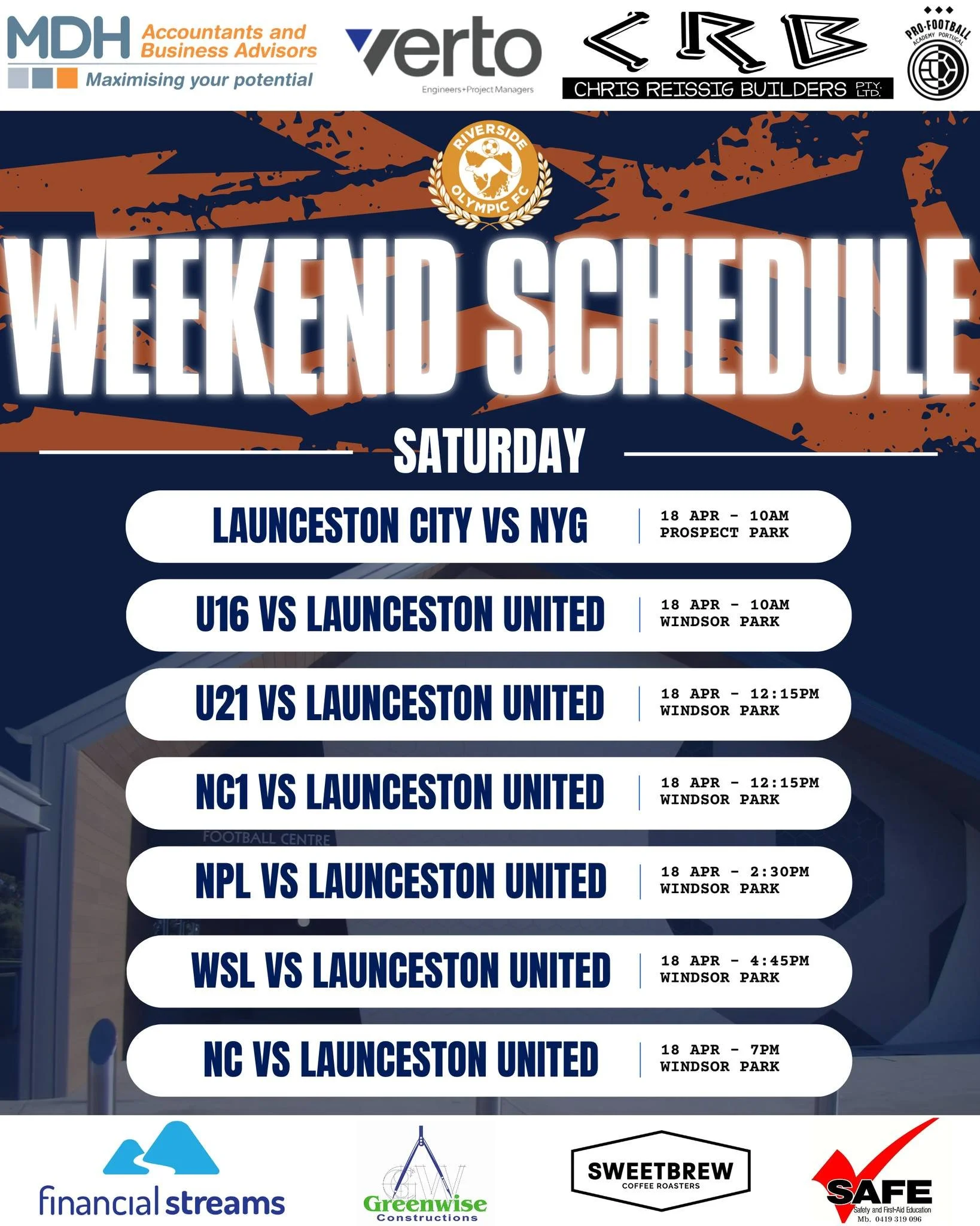 🟠🔵 Derby Weekend 🔵🟠

It's time for another derby as we welcome Launceston United to Windsor Park this Saturday. Our only team playing away from home is our Northern Youth Girls who play at Prospect Park on Saturday morning.

These fixtures always