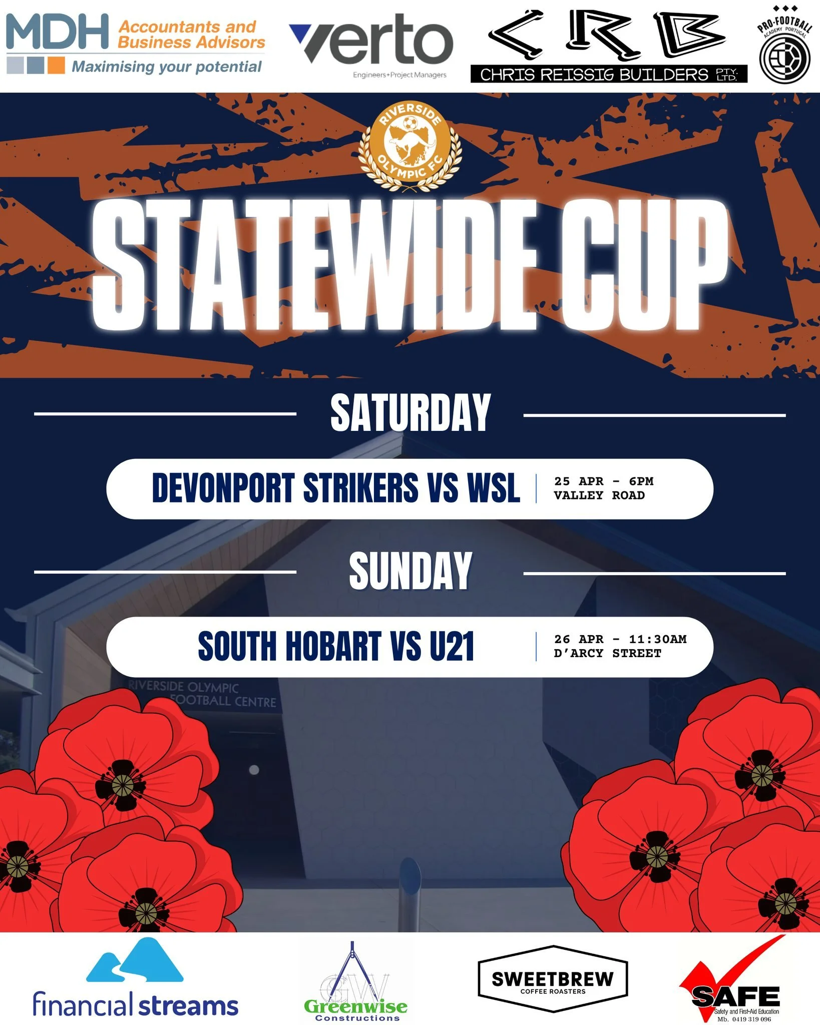 🟠🔵 STATEWIDE CUP🔵🟠

This weekend we have two teams in the Statewide Cup Quater Finals!

On ANZAC Day our WSL travel to Devonport and on Sunday our U21's travel to D'Arcy Street to face South Hobart. If you are around the grounds then show your su