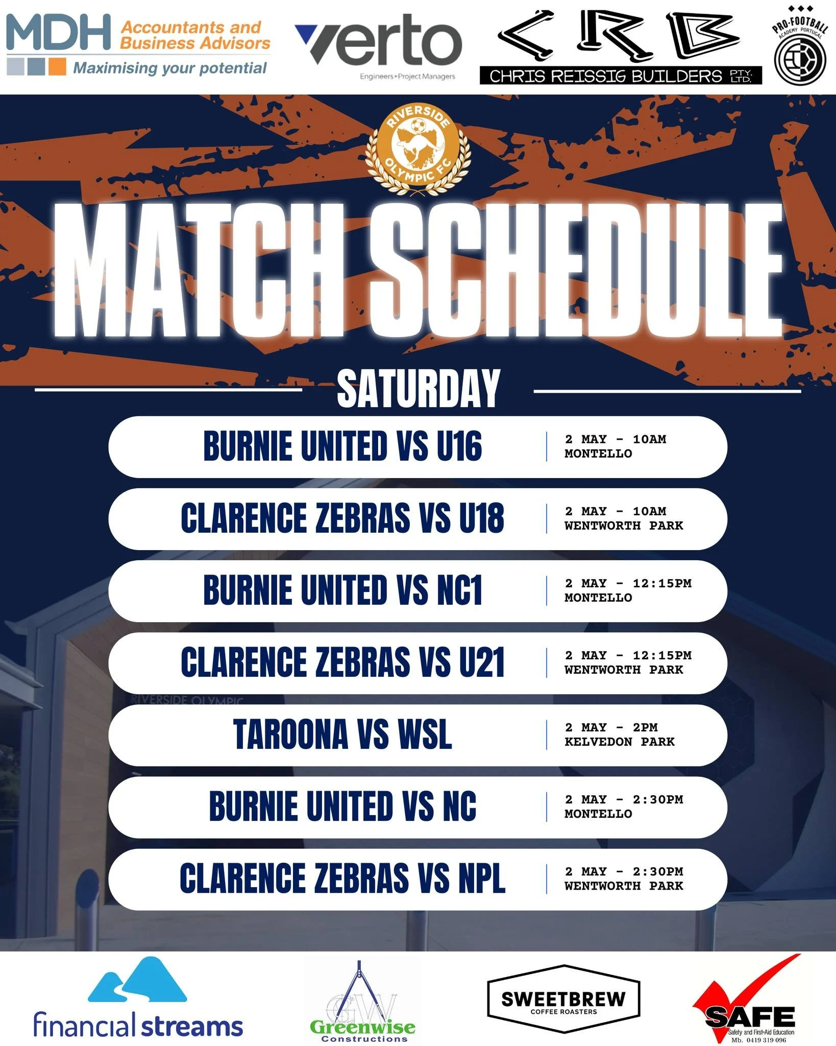 🟠🔵 Weekend Fixtures🔵🟠

Our teams will be spread far and wide across the state this Saturday with our Northern Championship teams heading up the north-west to Burnie, our WSL heading south to Taroona and our NPL, U21's and U18s heading to Wentwort