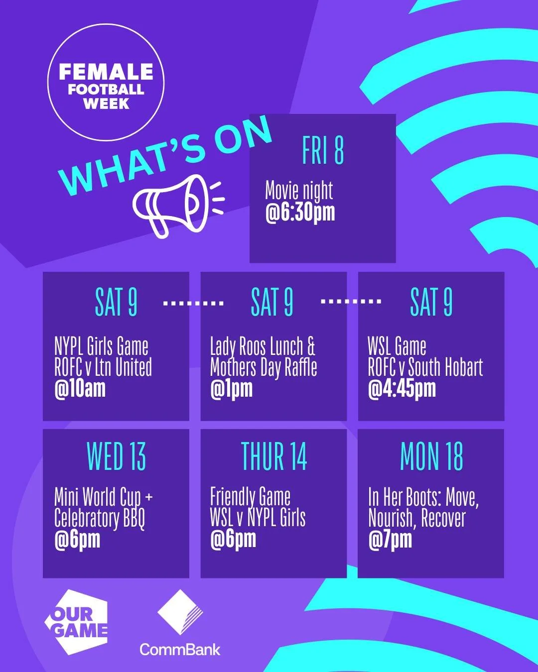Female Football Week
Riverside Olympic is proud to celebrate Female Football Week with a range of activities for everyone across the club!
Please RSVP for catering purposes using the links below:
🎬 Movie Night
https://docs.google.com/.../1FAIpQLSfIN