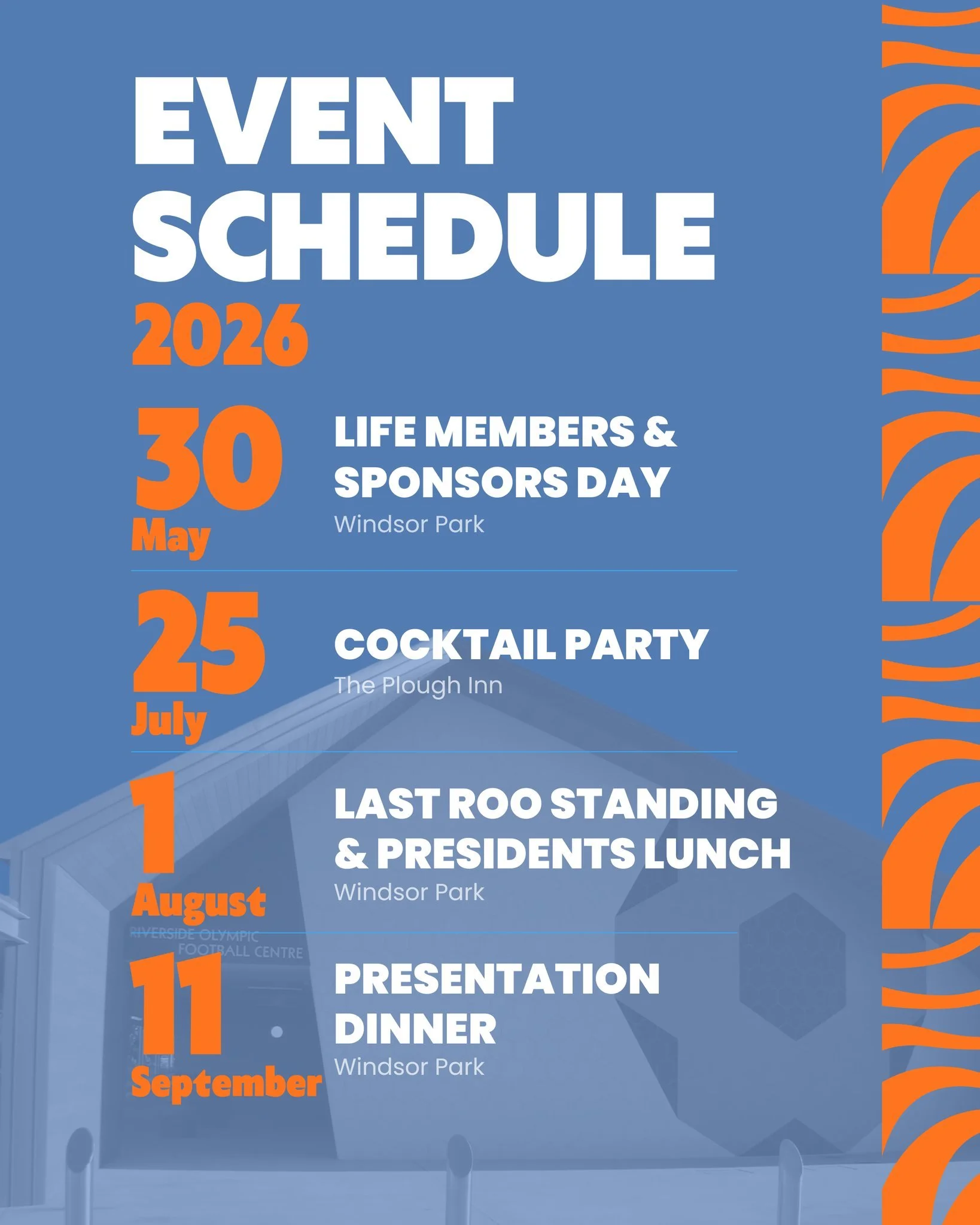 🔵🟠SAVE THE DATES 🟠🔵

Lock these dates into your calendar roos, we&rsquo;ve got a massive second half of the year ahead both on and off the pitch! 

From celebrating our life members and sponsors, to our cocktail party, president&rsquo;s lunch and