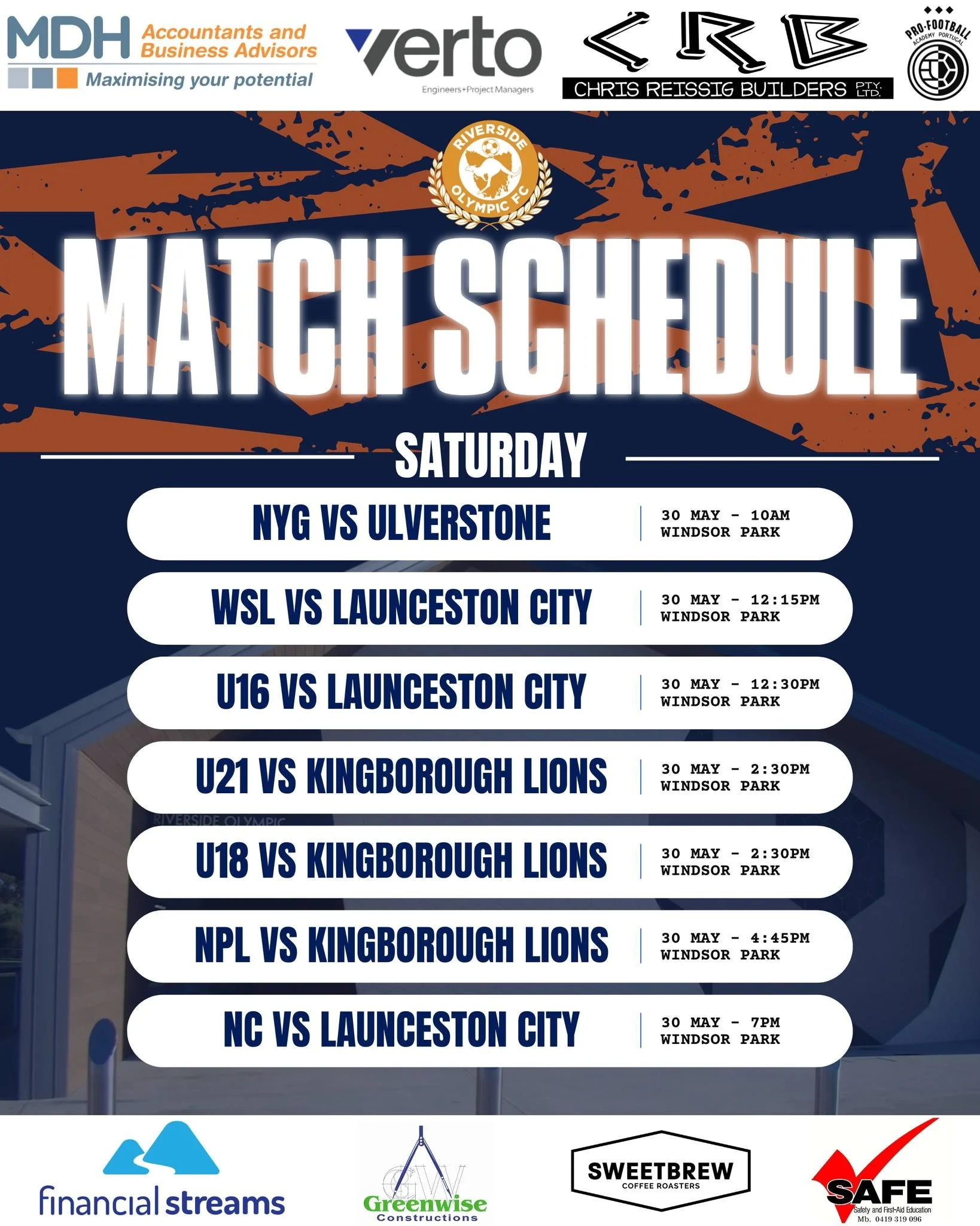 🟠🔵 Matchday Schedule🔵🟠

We have a big round of fixtures this Saturday at Windsor Park as we host Ulverstone, Launceston City and Kingborough Lions in a massive day of football!

This Saturday we&rsquo;re also proudly celebrating our Life Members 