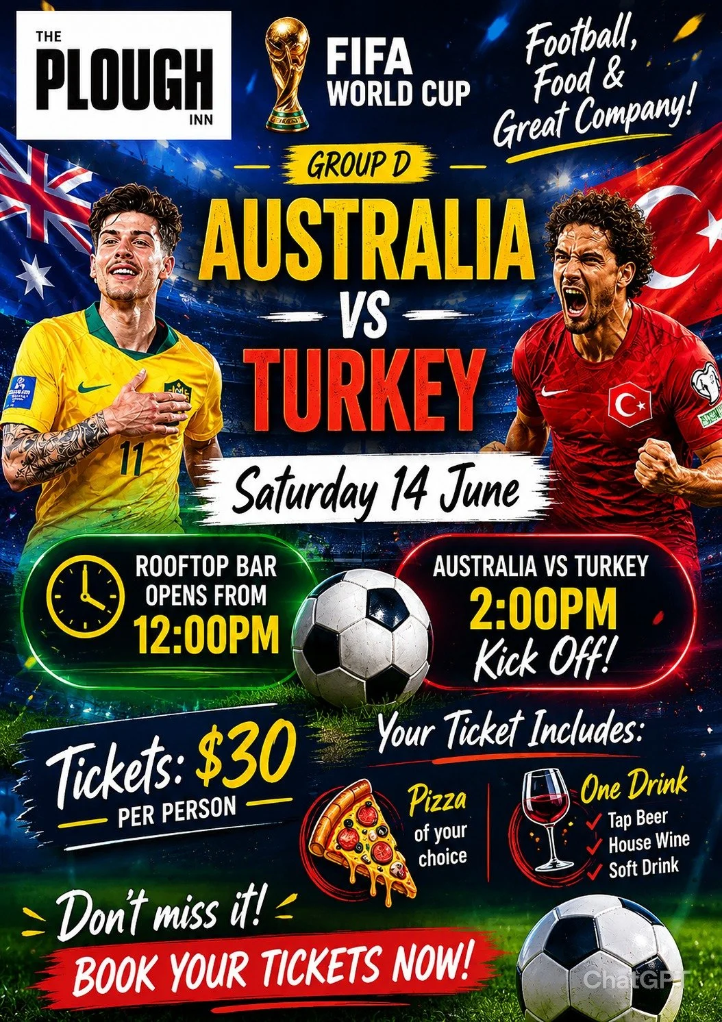 FIFA World Cup Qualifier &ndash; Australia vs Turkey
Join us at the Plough Inn Rooftop Bar on Sunday 14th June for an afternoon of football, food, and great company as the Socceroos take on Turkey!
🕛 Rooftop Bar Opens: 12:00pm
⚽ Kick Off: 2:00pm
🎟 