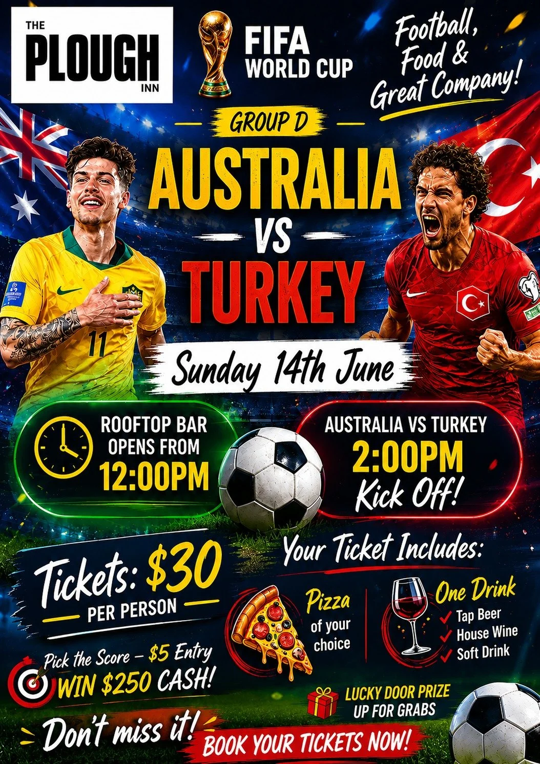 FIFA World Cup Qualifier &ndash; Australia vs Turkey

Just a reminder to register by Friday lunchtime for catering purposes!

Join us at the Plough on Sunday for a great afternoon of football, food, and fun.

🎟 $30 Ticket Includes:
🍕 Pizza of your 