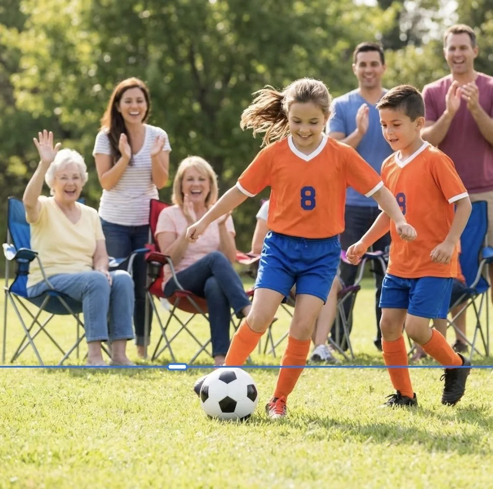Children playing soccer, two kids in orange jerseys are kicking a soccer ball, and spectators are cheering in the background.