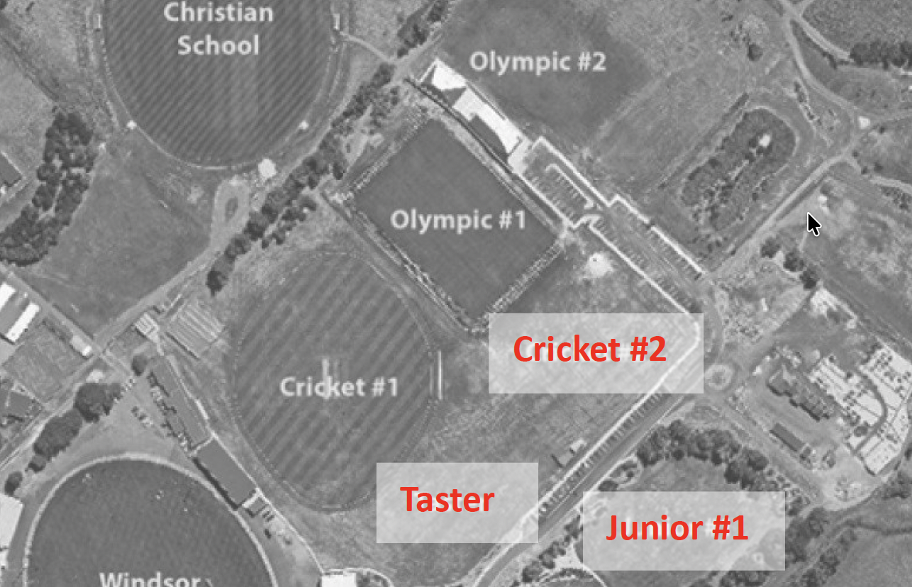 Aerial view of a school sports complex with labeled areas: Christian School at the top, Olympic #2 and #1 fields, Cricket #1 and #2 fields, a Taster area, and Junior #1 field.