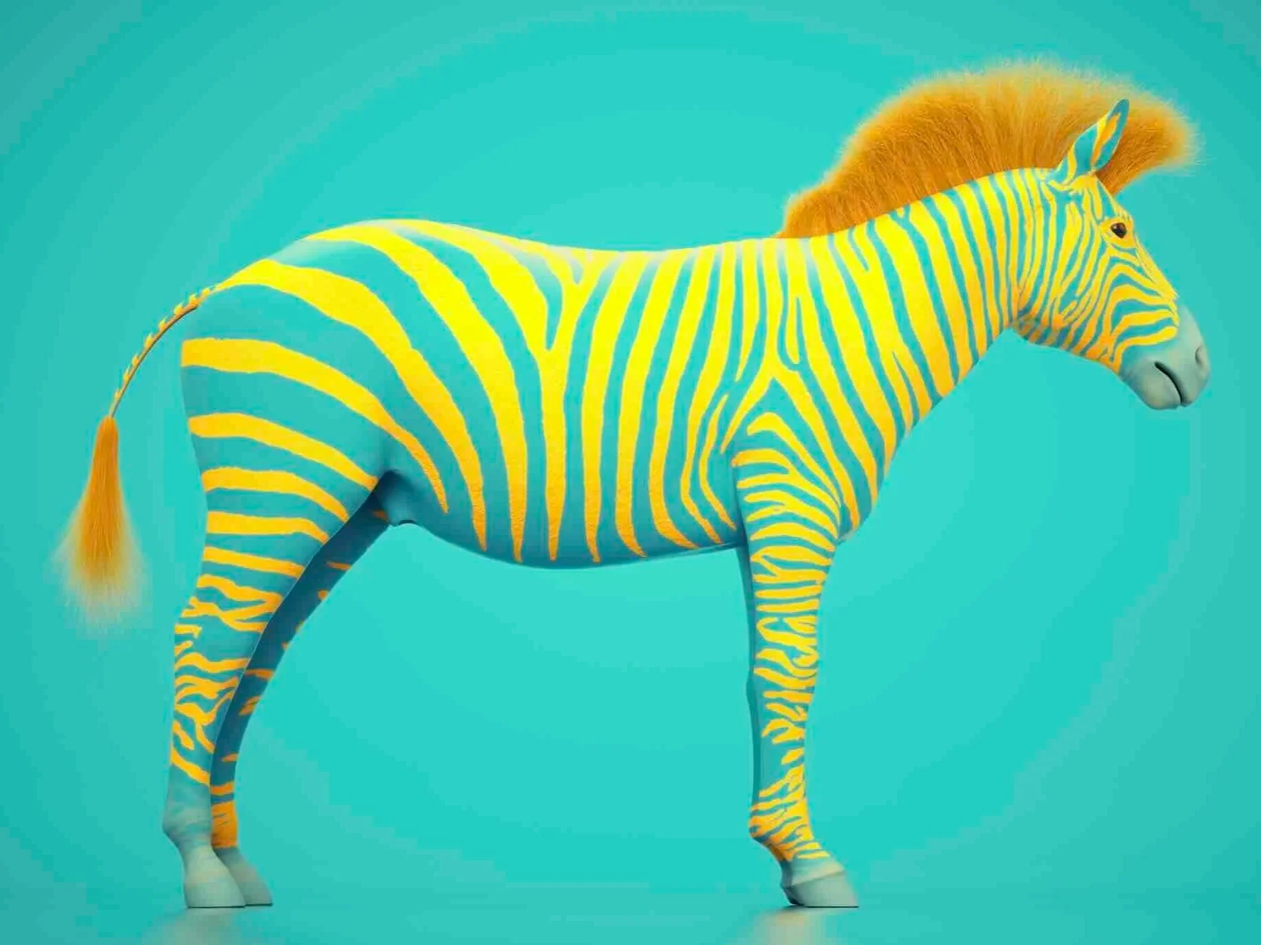 A zebra painted with bright yellow and turquoise stripes, set against a turquoise background.
