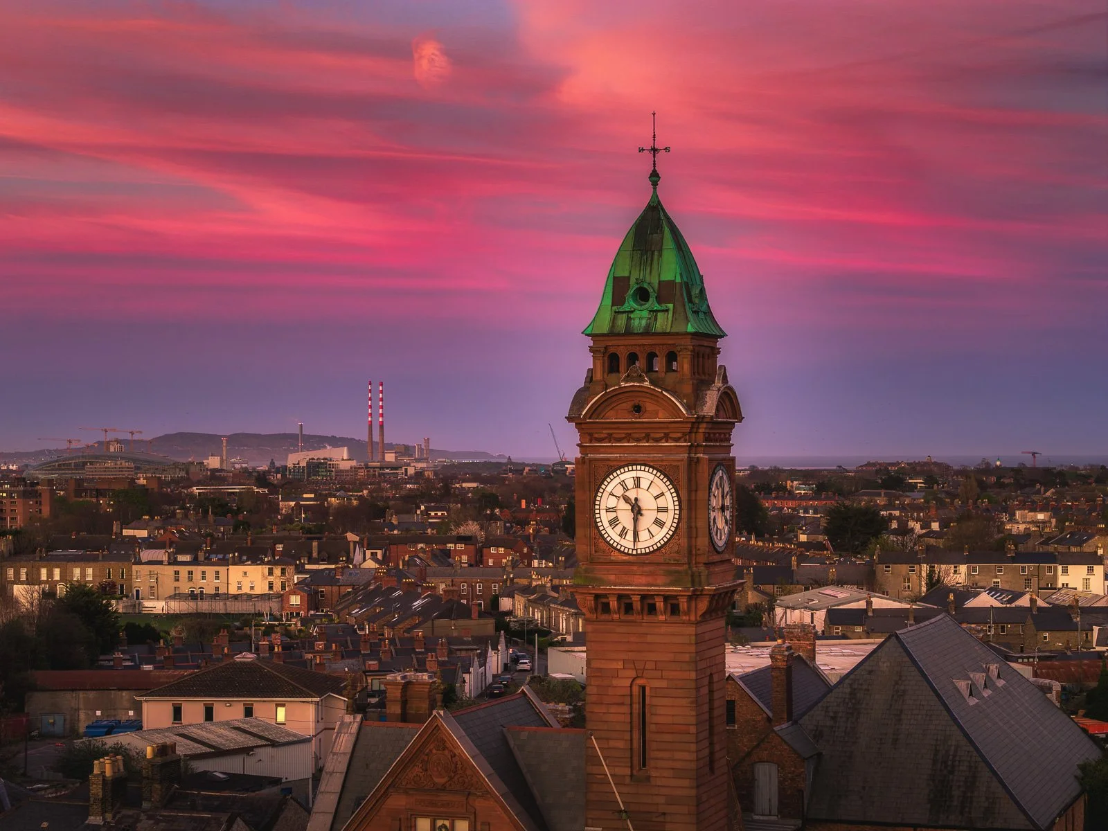2025-03-31 Rathmines clock tower zoomed in Poolbeg sunset sky.jpg