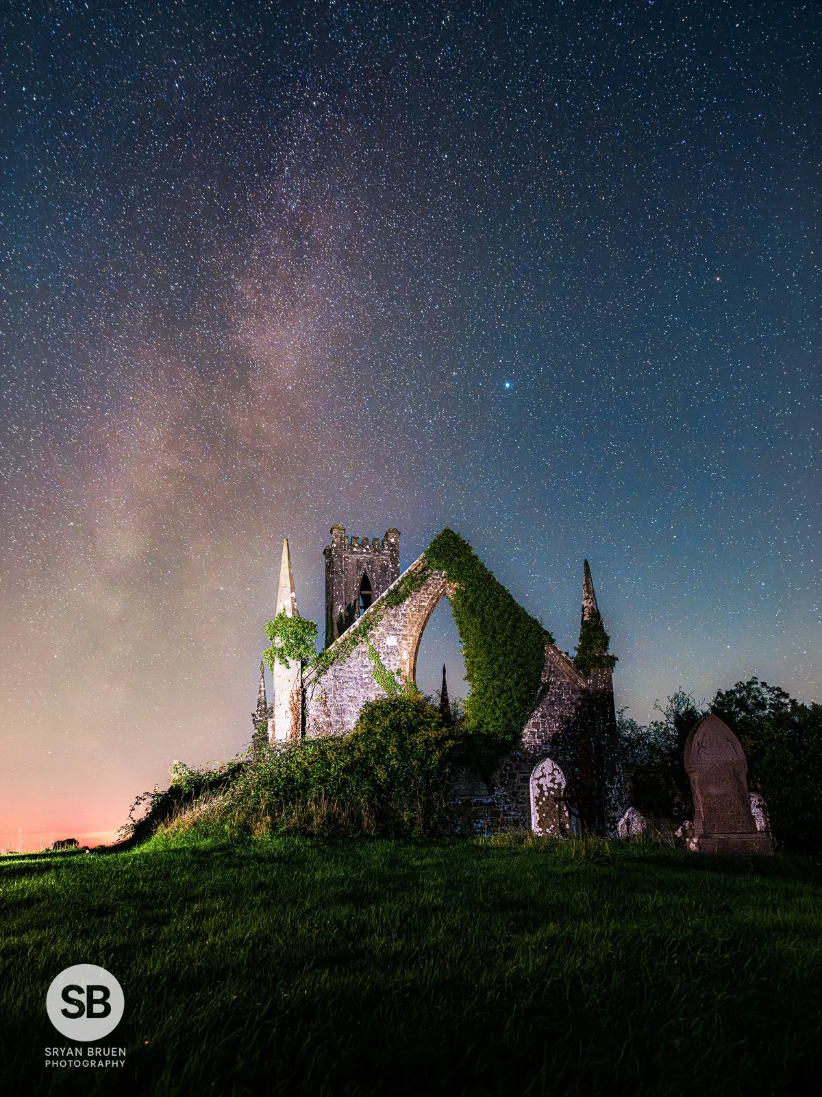 2026-10-08 Ballynafagh Church up close Milky Way.jpg