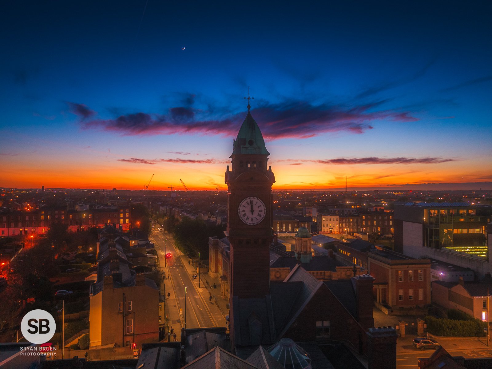2025-03-31 Rathmines clock tower sunset dusk moon 31 March 2025.jpg