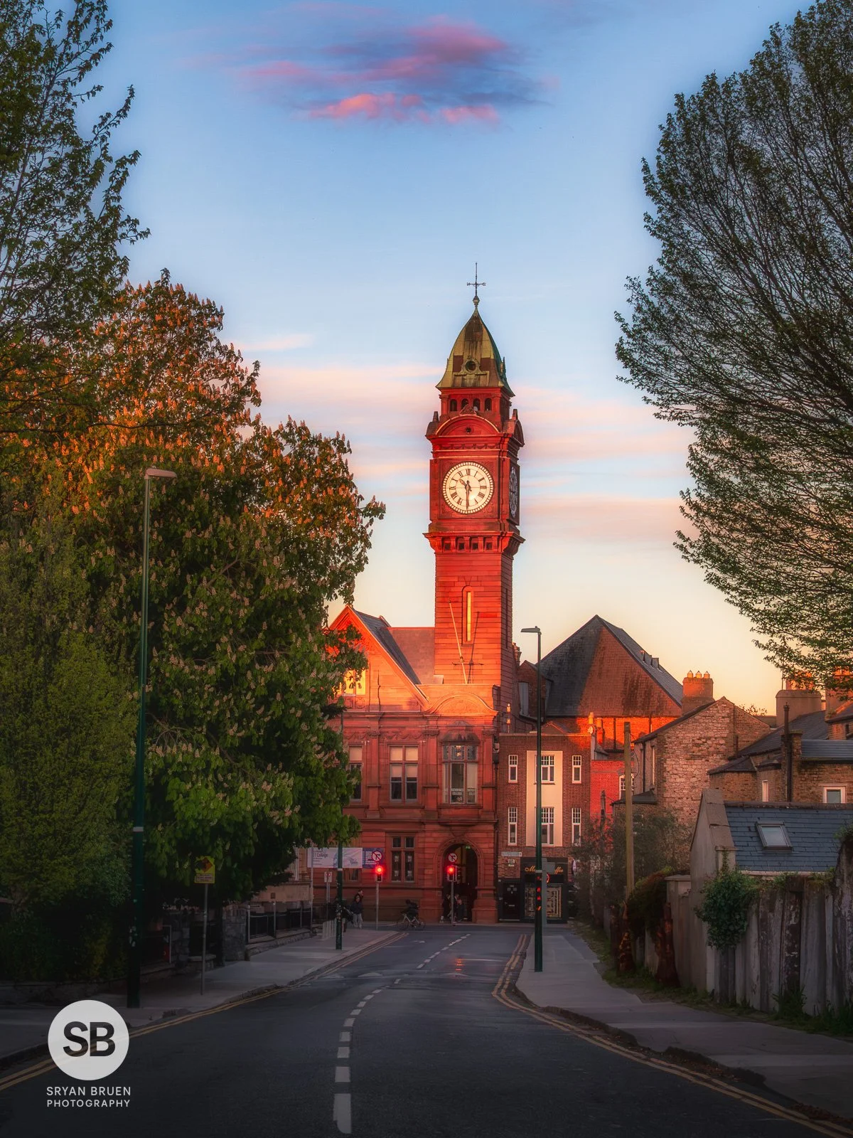 2026-04-13 Rathmines clock tower golden hour framing on Leinster Road.jpg