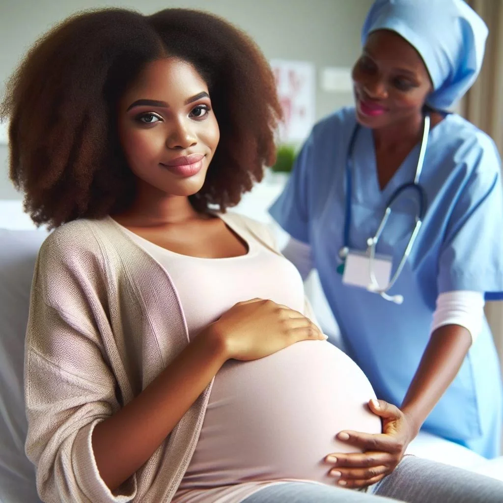 Pregnant woman with natural hair smiling at the camera in a medical setting, with a nurse or doctor in scrubs and a stethoscope standing beside her.