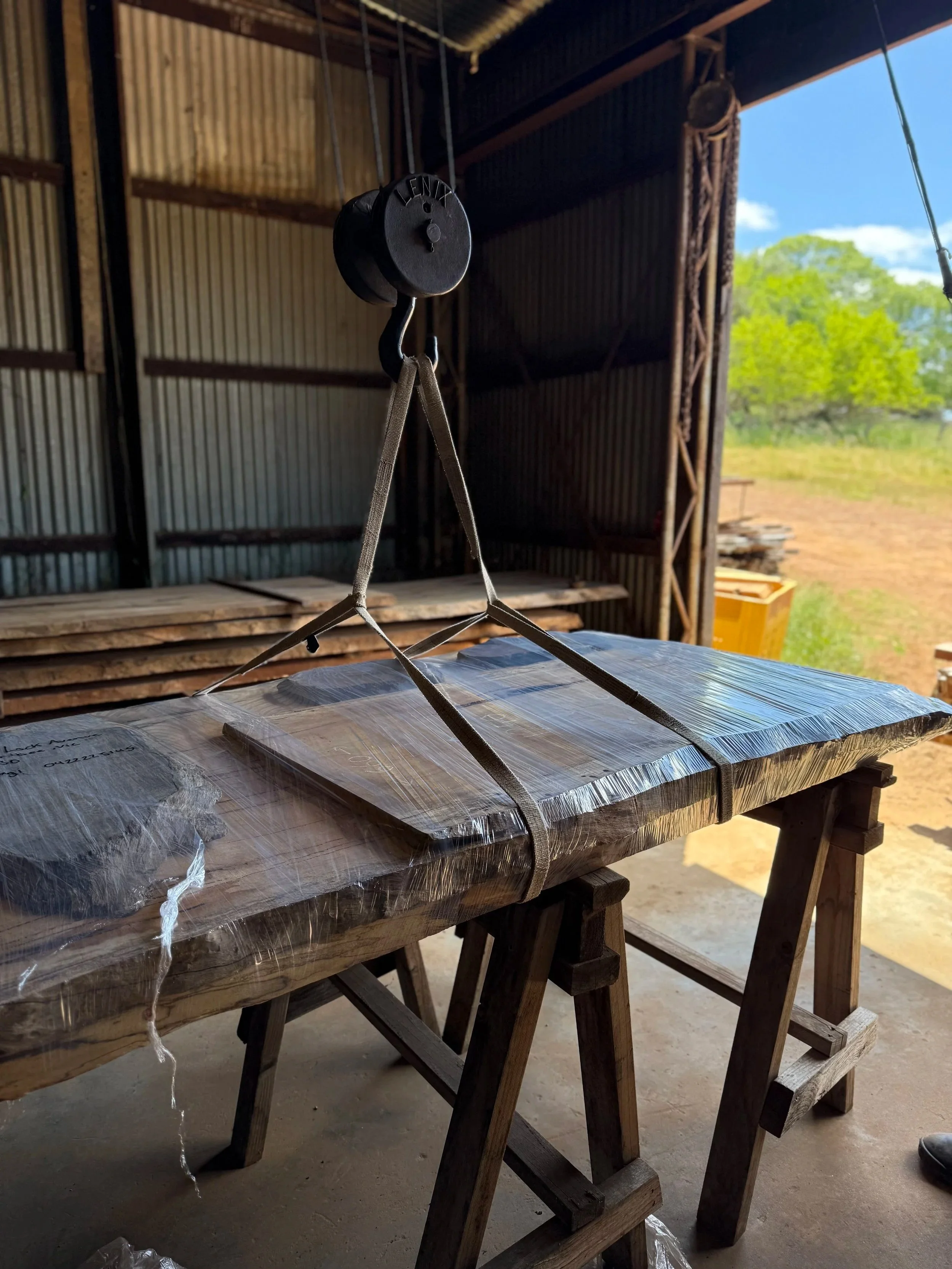 A hardwood timber slab ready for delivery in Australia.