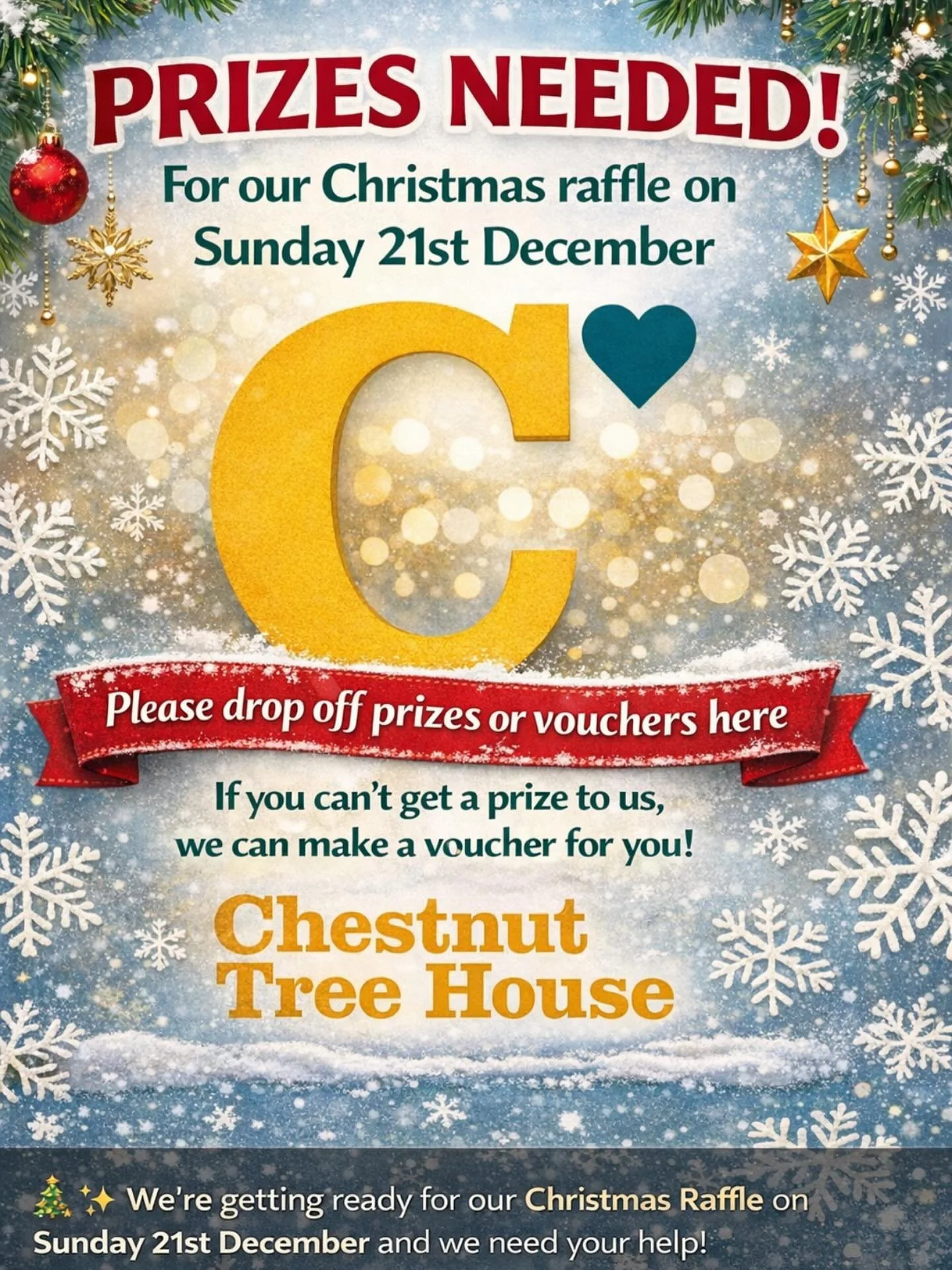 🎄✨ We&rsquo;re getting ready for our Christmas Raffle on Thursday 21st December and we need your help!

If you&rsquo;re able to donate a prize or voucher, please drop it off with us.

Can&rsquo;t make it? No problem &mdash; we can create a voucher f