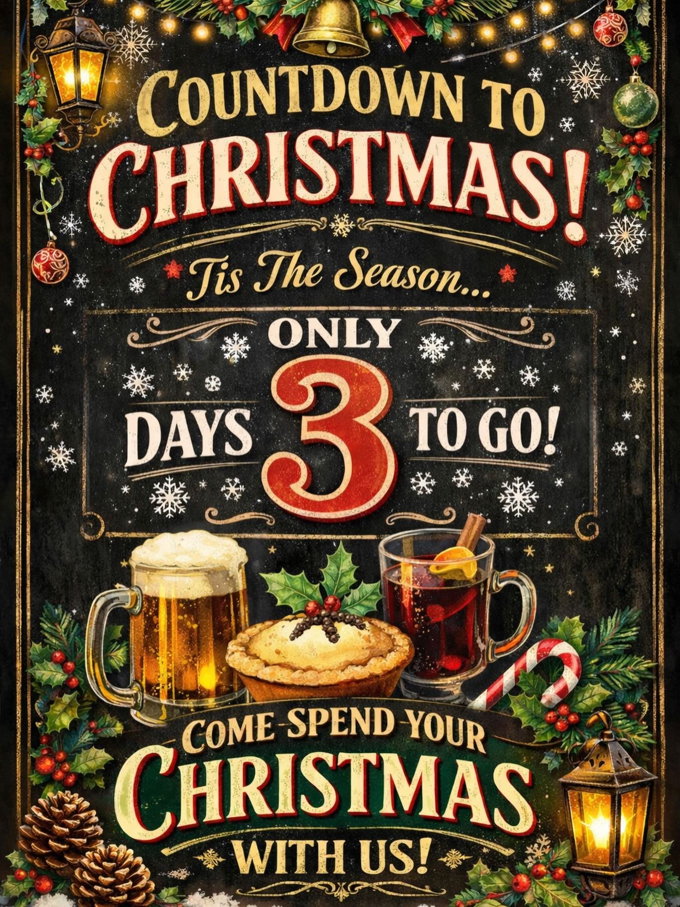 The beers are chilling, the mulled wine&rsquo;s warming&hellip; 🍺🍷

Just 3 days to Christmas &mdash; come celebrate with us!
❄️✨🥰🎅🏼☃️