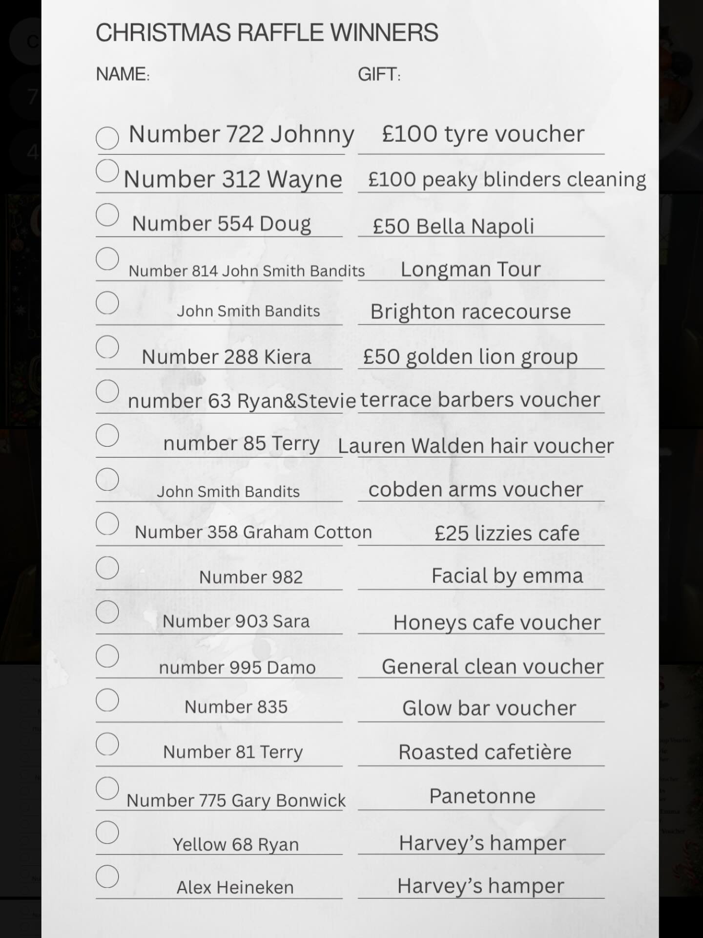 🎄✨ CHRISTMAS RAFFLE WINNERS ✨🎄

A huge thank you to everyone who bought a ticket, donated prizes, and supported our Christmas raffle ❤️
Your generosity truly means so much.

🎁 Congratulations to all our winners &mdash; please come and collect your