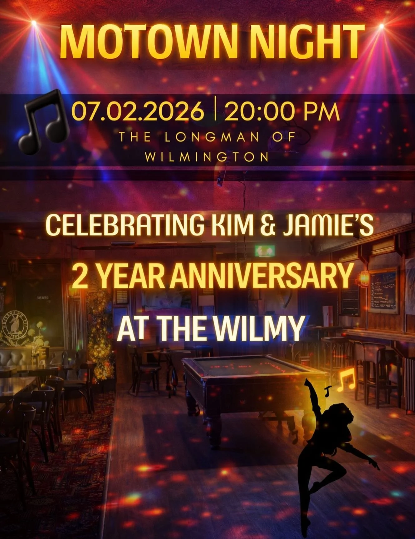 Motown Night at The Wilmy 🎤🕺

Celebrating Kim &amp; Jamie&rsquo;s 2-Year Anniversary

📅 7 Feb | ⏰ 8PM | 

STANDING ONLY!
bring your dancing shoes!
