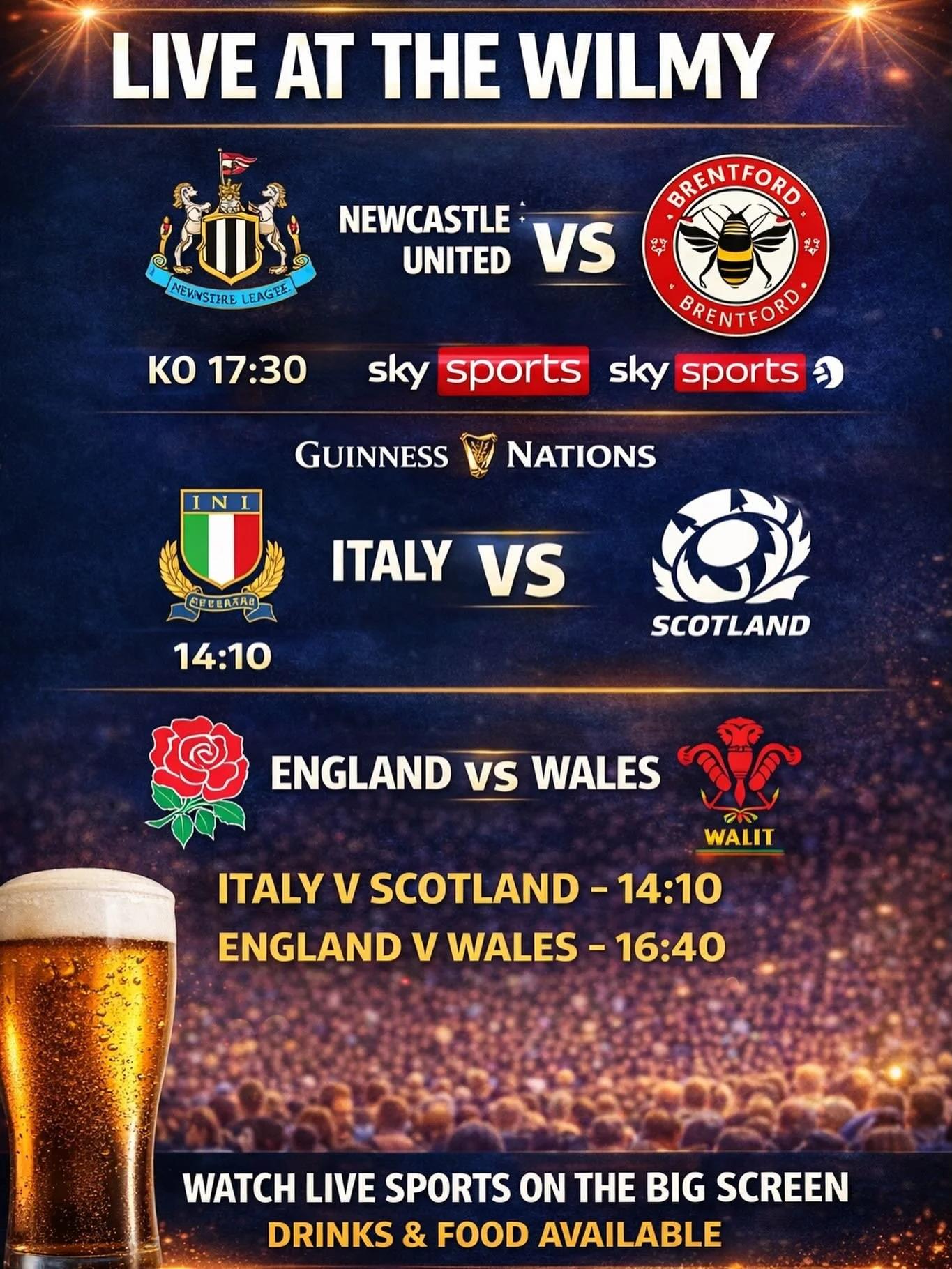 🏉⚽ Big day of live sport at The Wilmy!

Followed by Motown tonight celebrating Kim &amp; James&rsquo; 2 year anniversary 🕺🎶

🥳Join us for great games, great music, and great vibes!

#thewilmy #motown #sixnationsrugby