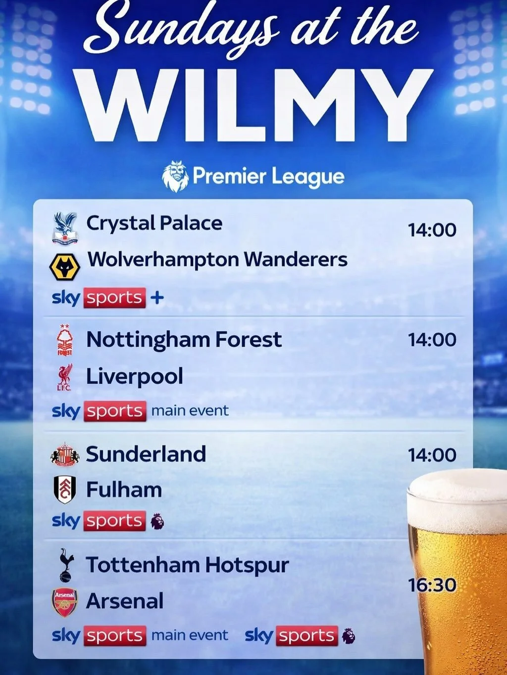 Super Sunday is sorted ✅

Catch all the Premier League action live at The Wilmy this weekend!

Big screens &bull; Cold pints &bull; Top atmosphere
Walk in, grab a drink &amp; don&rsquo;t miss a kick 🍺⚽

Roast dinner served from 12pm 😋 

Free pool f