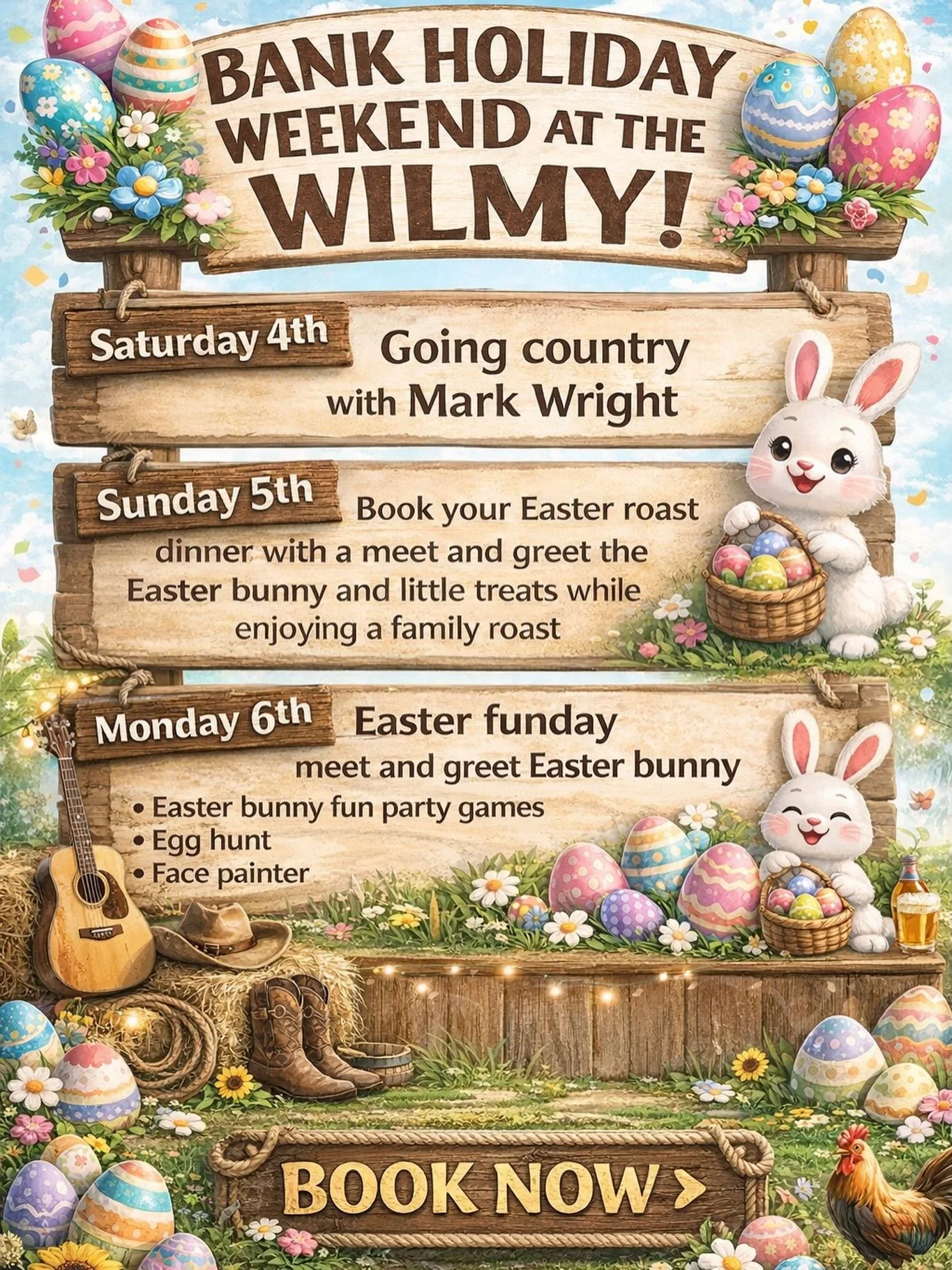 🤠🐰 Bank Holiday Weekend at The Wilmy! 🐣🎉

We&rsquo;ve got a full weekend of fun lined up for the whole family!

Saturday 4th &ndash; Going Country with Mark Wright 🤠

Sunday 5th &ndash; Book your Easter Roast with a special Easter Bunny meet &am