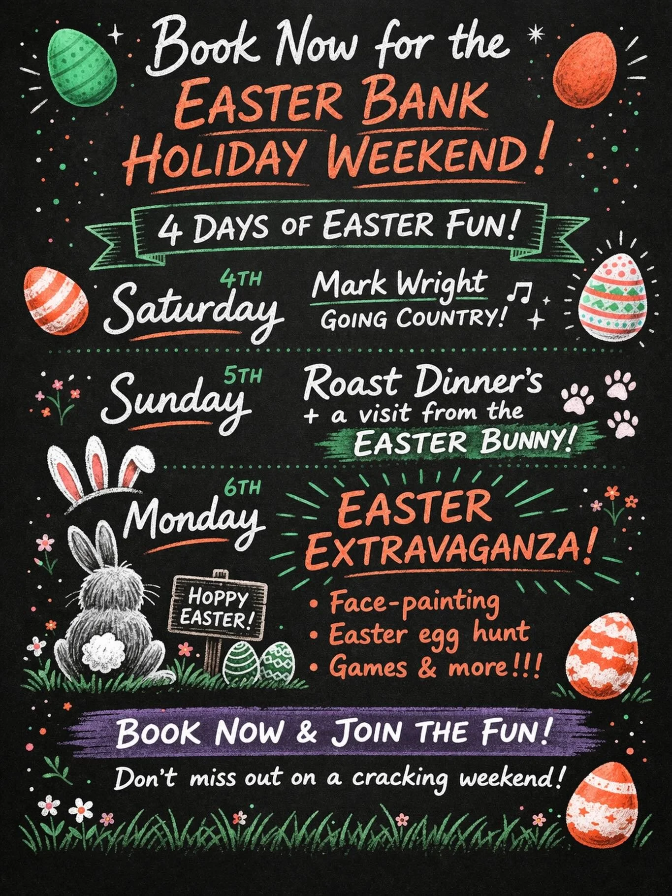 Join us for a full Easter Bank Holiday Weekend packed with something for everyone!🐣 

🎶 Saturday &ndash; Live music with Mark Wright (Going Country)

🍽 Sunday &ndash; Delicious roast dinners + a visit from the Easter Bunny

🎉 Monday &ndash; Easte