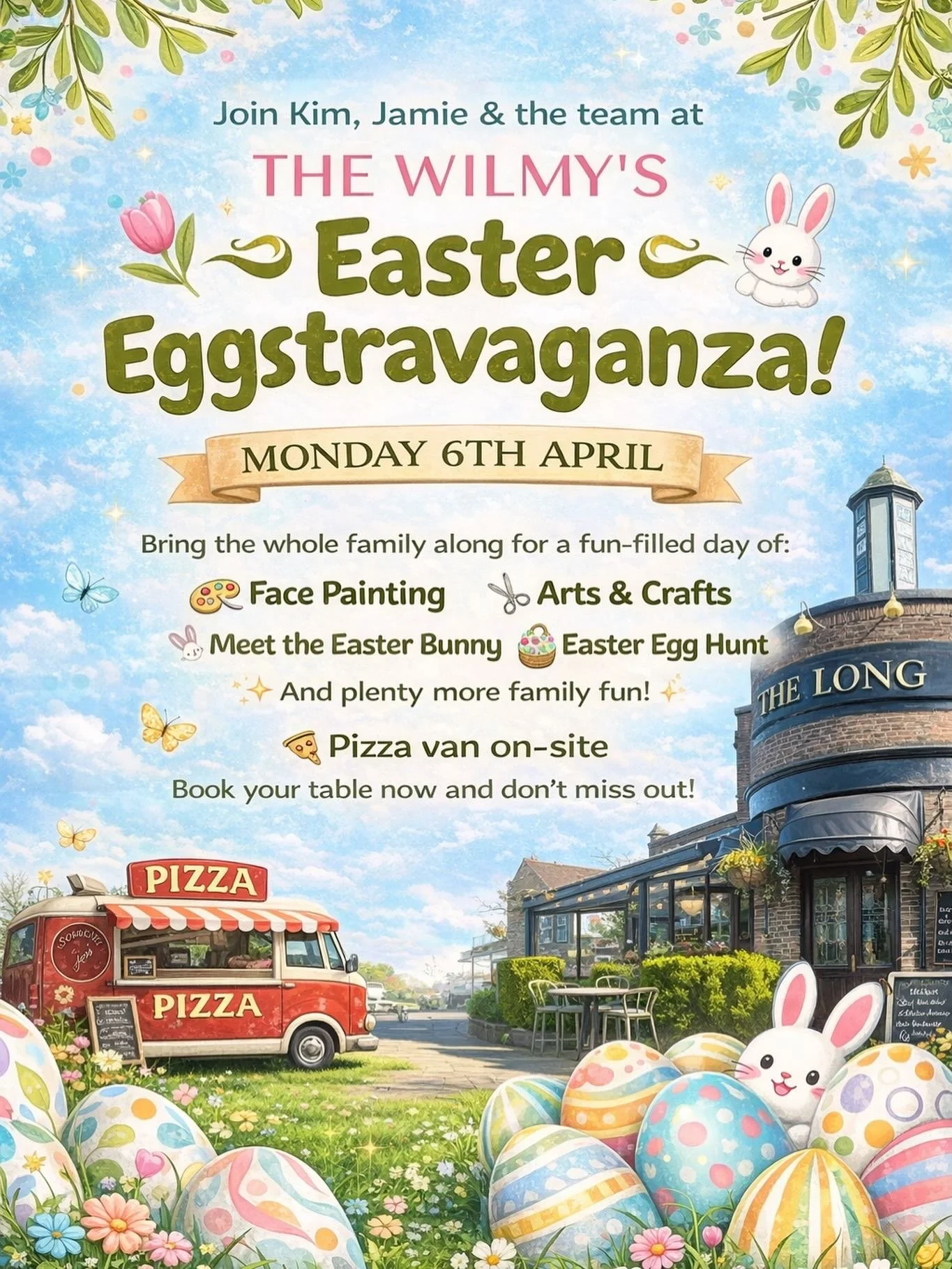Looking for something fun this Easter? 🌷

Join us at The Wilmy for a day packed with family fun! 🐰🥚

🎨 Face painting
✂️ Arts &amp; crafts
🐇 Easter bunny
🥚 Egg hunt
🍕 Pizza van

📅 Monday 6th April
Book your table today! 

#easter #funday #thew