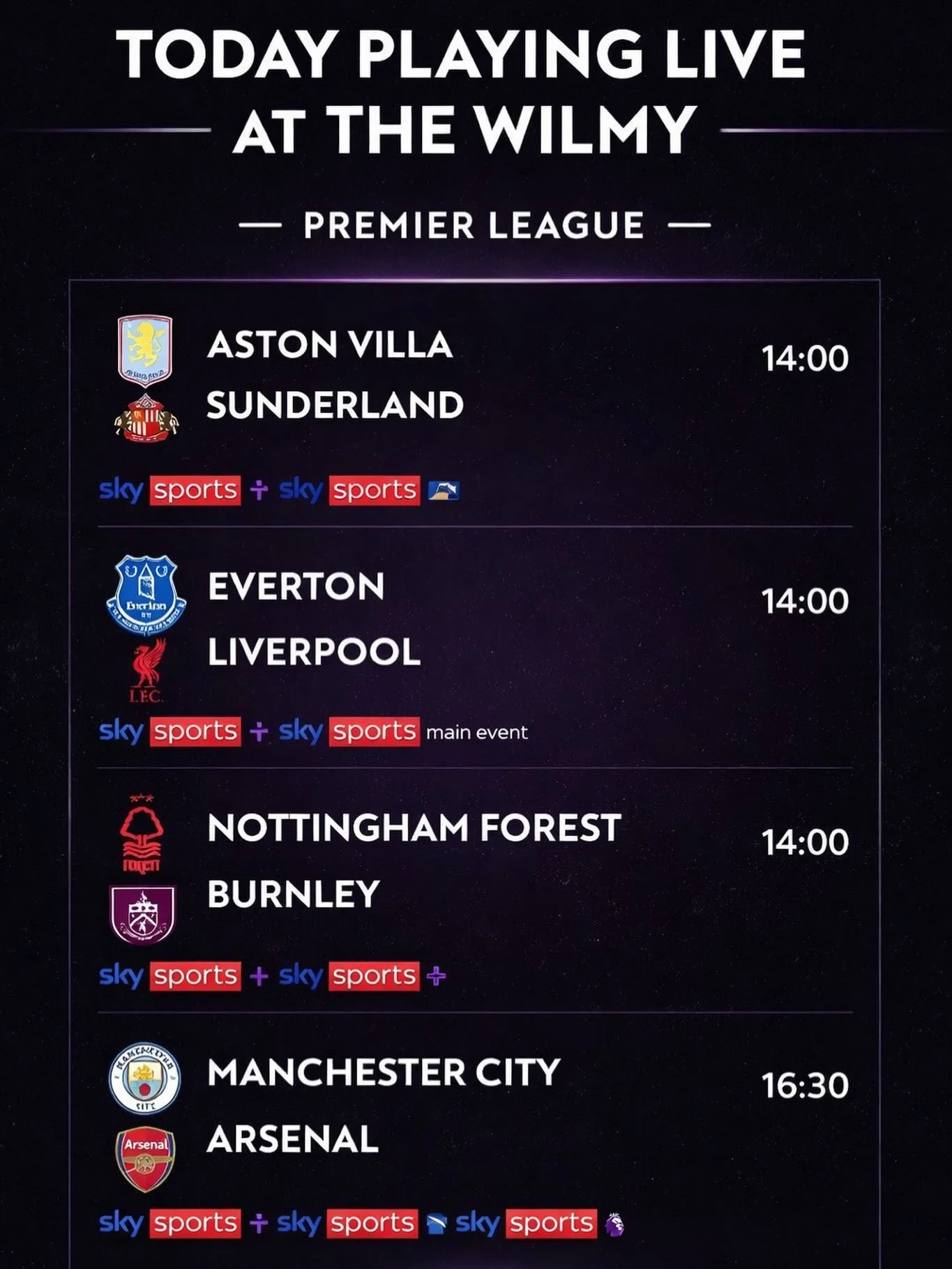 Today&rsquo;s fixtures, cold pints, big screens 🍻⚽️
 
Premier League action live at The Wilmy!🦁

Where are you watching the big one? 👀