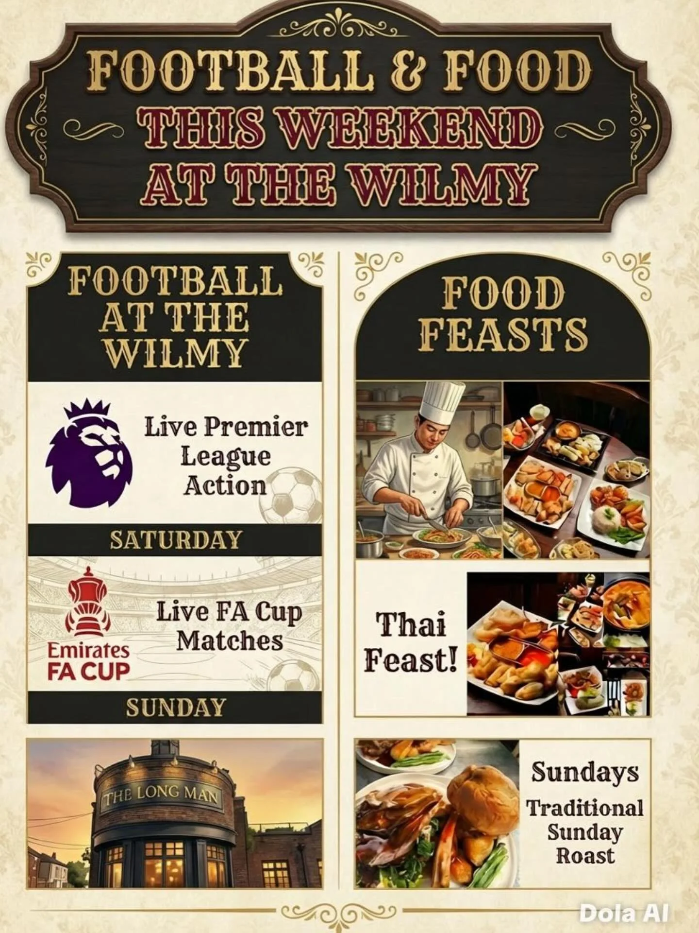 This weekend @the_wilmy 

FRIDAY
🍛 Thai Food
🕧 12:00 - 14:00 &amp; 17:30 - 21:15

📺 LIVE FOOTBALL
🏆 Premier League
⚽ Sunderland vs Nottingham Forest
🕗 8:00 PM

🟨 SATURDAY

🍛 Thai Food
🕧 12:00 - 21:00

📺 LIVE FOOTBALL
🏆 Premier League
⚽ Fulh