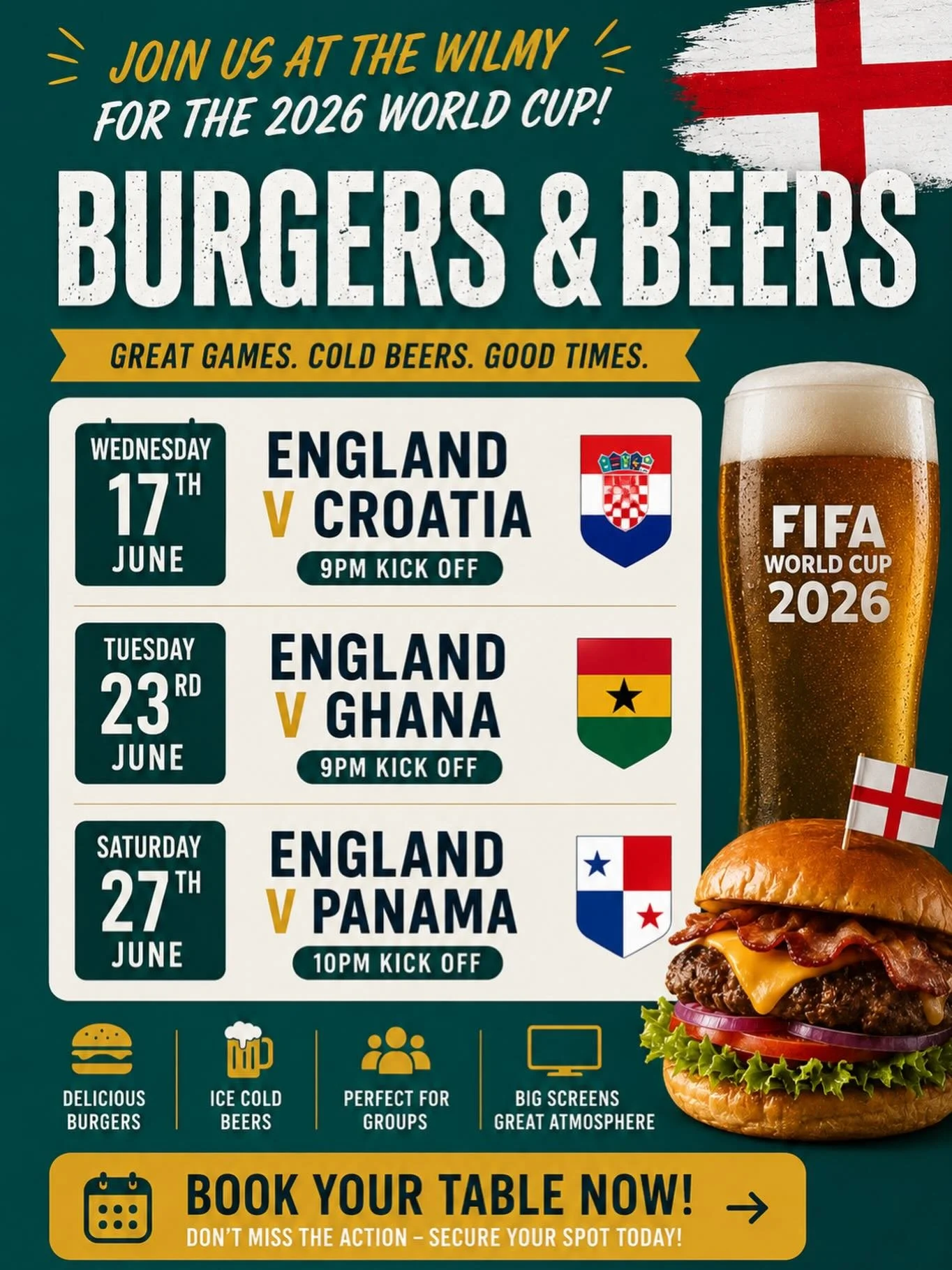 🍔⚽ WORLD CUP 2026 AT THE WILMY ⚽🍔

✅ Still taking bookings but be quick as tables are filling fast.

🍺 Ice cold beers
🍔 Delicious burgers
📺 Live matches on the big screens
🔥 Unmatched matchday atmosphere

Watch every England game live at The Wi