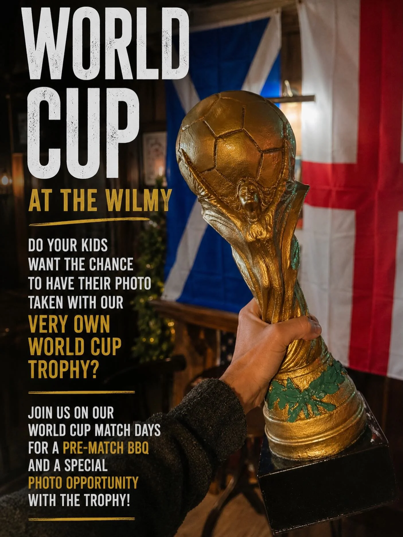 WORLD CUP AT THE WILMY 🏆

Get your photo taken with our very own World Cup trophy and soak up the match day atmosphere!

🔥 Pre-match BBQs before every game
📸 Trophy photo opportunities for all ages
⚽ Great food, cold drinks and live football

See 