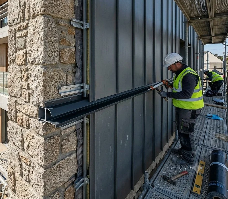 Pose bardage métallique anthracite joint debout sur granite — chantier façade architecte Loire-Atlantique