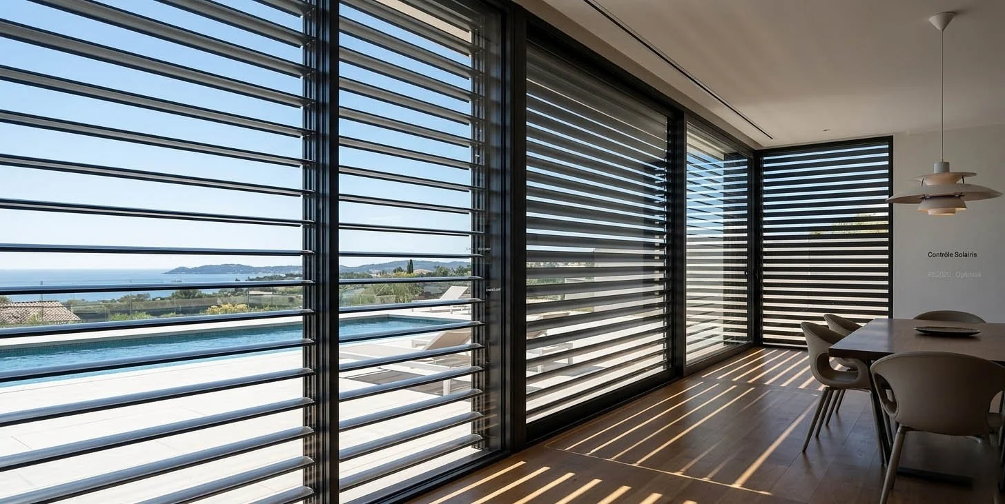 Brise-soleil orientables aluminium anthracite vue mer — confort d'été RE2020 Loire-Atlantique