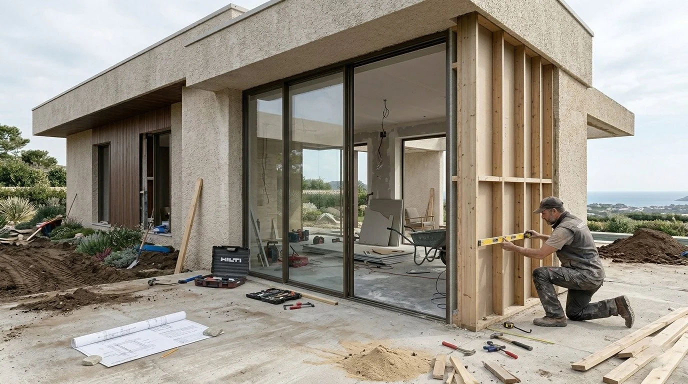 Chantier de réhabilitation isolation bio-sourcée fibre de bois — rénovation maison années 70 9005 Architectes