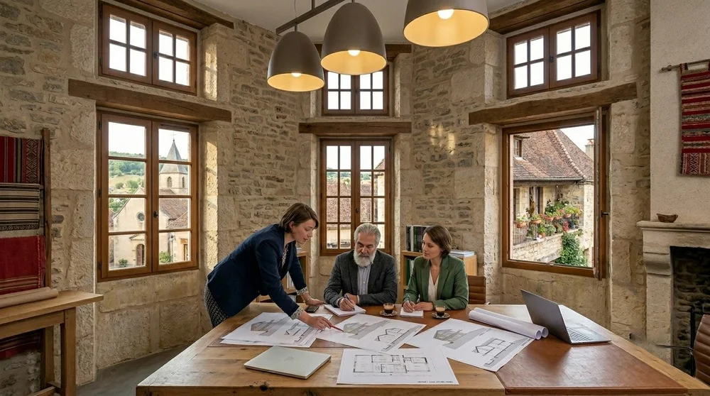 Architecte présentant des plans de rénovation en secteur ABF — périmètre monument historique — maîtrise d'œuvre Loire-Atlantique