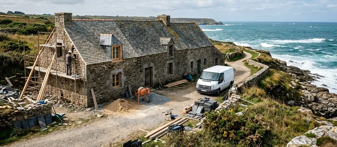 Chantier de rénovation d'une maison en pierre en zone littorale — bardage ardoise et menuiseries bois — maîtrise d'œuvre littoral atlantique