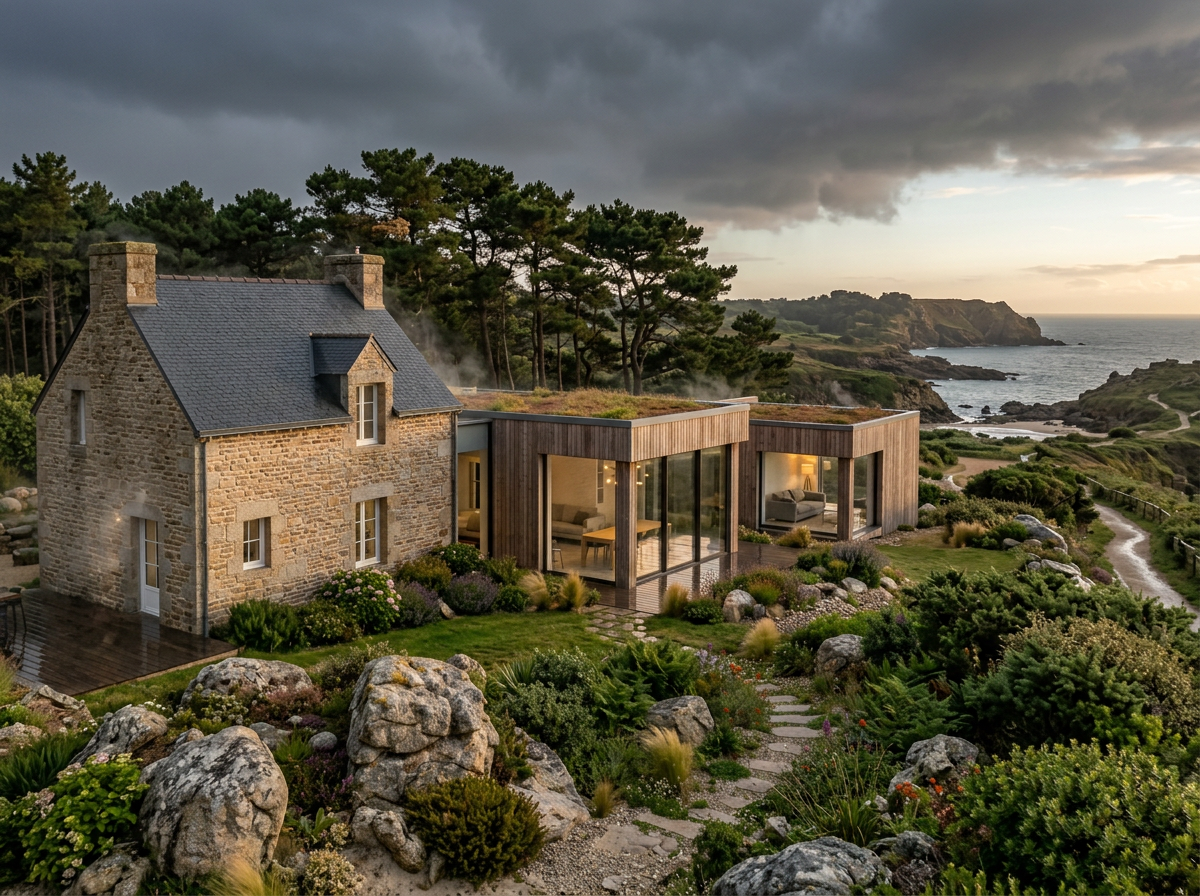 éalisation architecturale d'une extension contemporaine à deux modules s'intégrant sur un bâti traditionnel en pierre