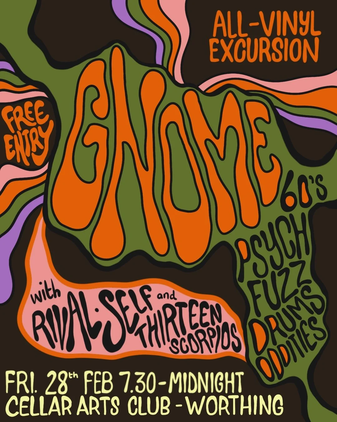 Hand drawn poster for GNOME vinyl DJ event by Thirteen Scorpios