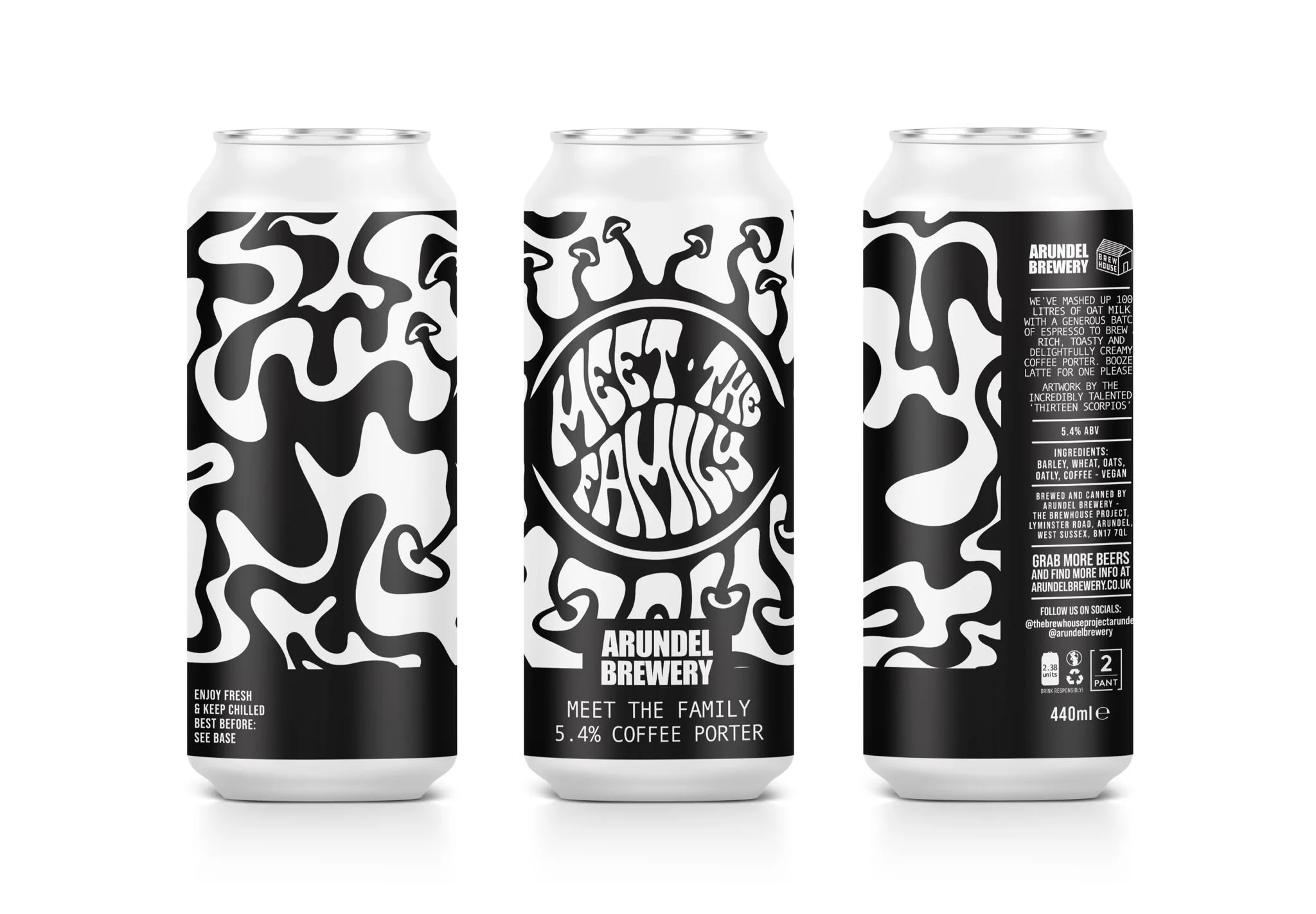 a black and white hand trippy hand lettering art can design for arundel brewery by thirteen scorpios