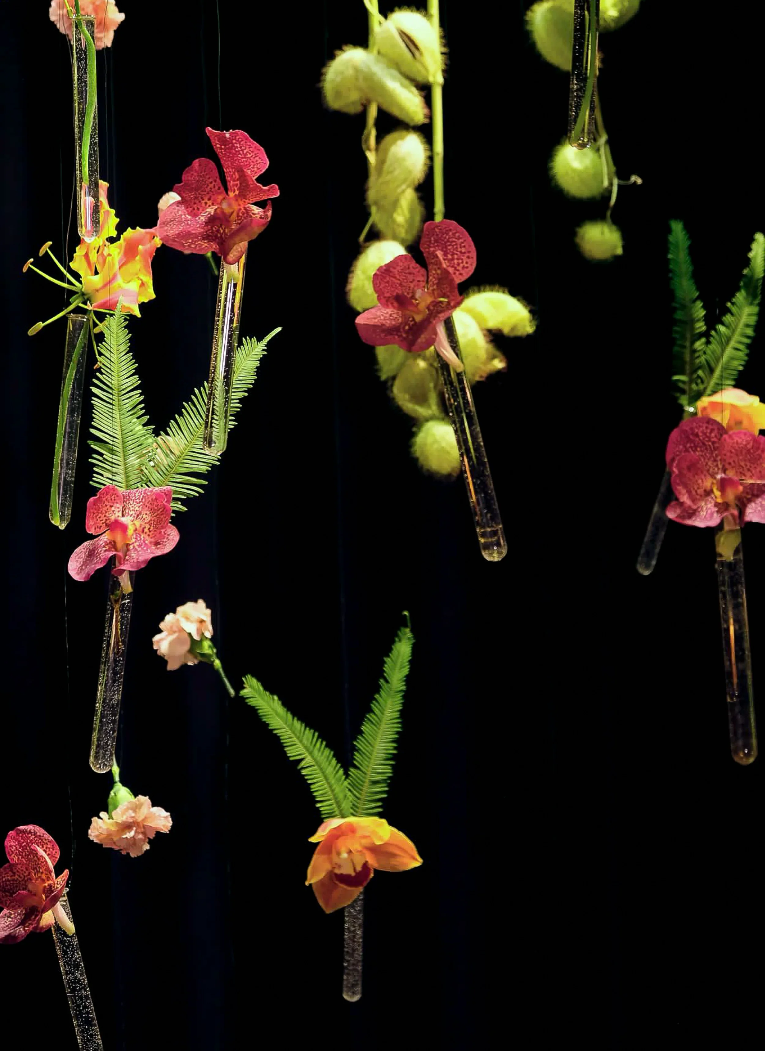 Suspended floral chandelier installation with anthurium and carnations, McQueens London 2025