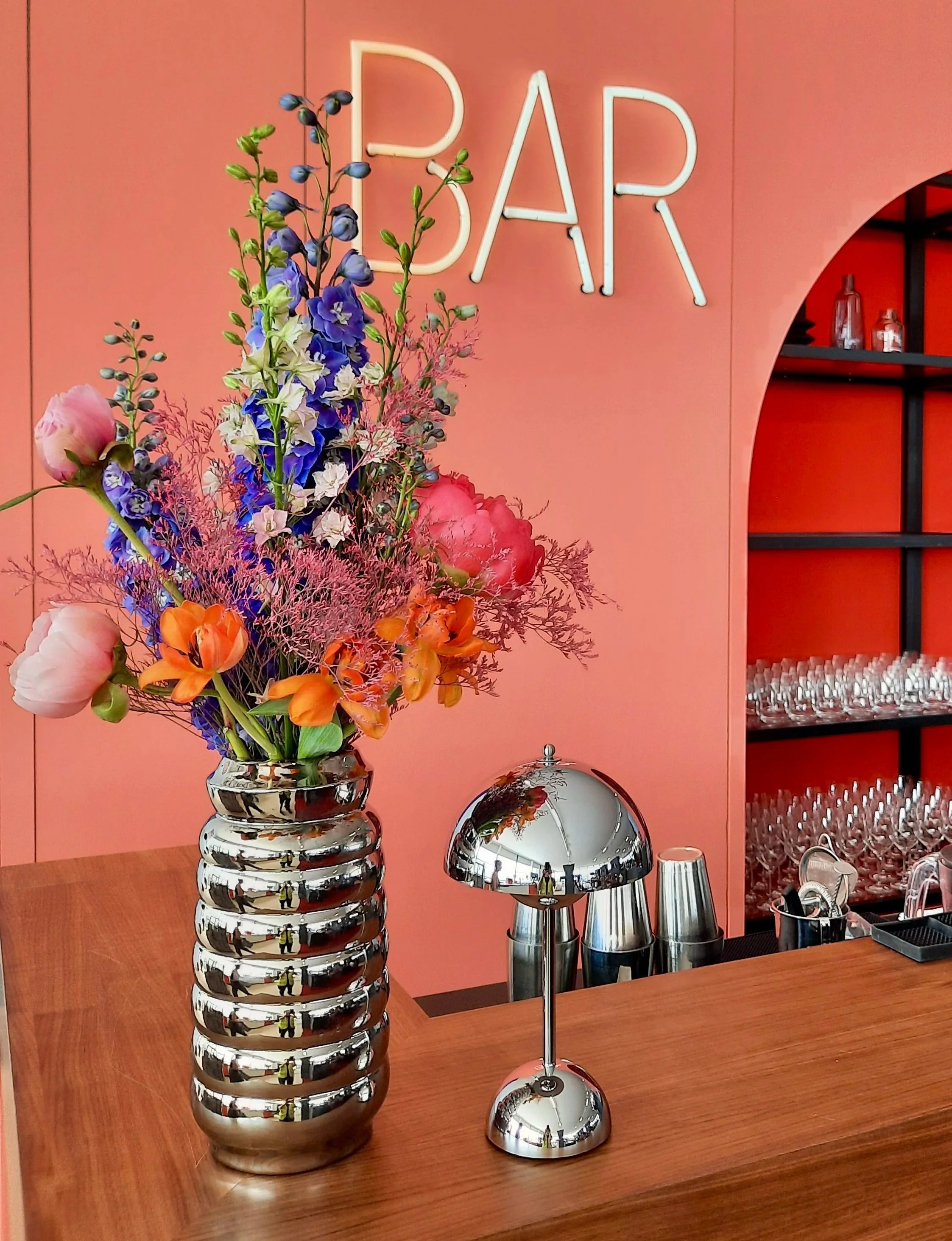 Floral design with peonies, tulips and snapdragon at Formula E Berlin 2024 bar, Tempelhofer Feld