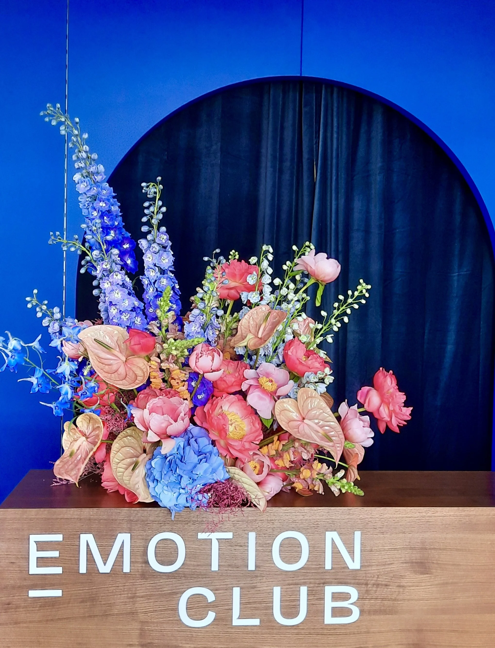 Luxury floral installation with peonies and delphinium at Formula E Berlin 2024 Emotion Club